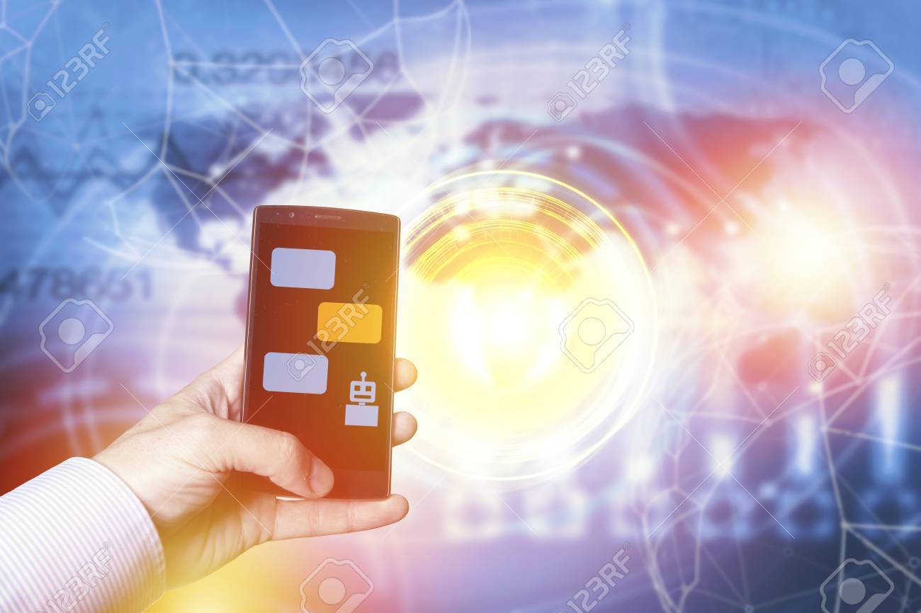 Chatbot and future communication concept. Hand holding mobile phone with chatbot conversation - 89532026 Chatbot and future communication concept. Hand holding mobile phone with chatbot conversation - 89532026