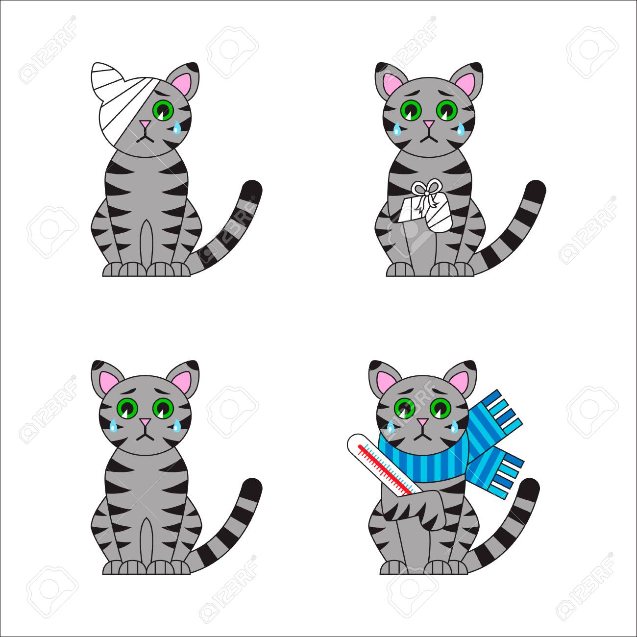 Set Of Injured And Sick Cat Bandaged Leg And Head Disease Cartoon Sad Kitty Veterinary Icons Vector Illustration Royalty Free Cliparts Vectors And Stock Illustration Image 101083264