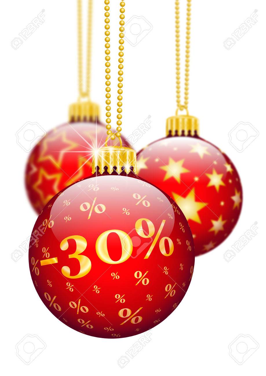 Treinta Por Ciento, 30% - Precio Reducción Rojo Adornos Navideños - Ofertas De Navidad, Estacional Descuento Publicidad De Tiendas Bola De Navidad Para La época Navideña. Adornos Y Decoraciones