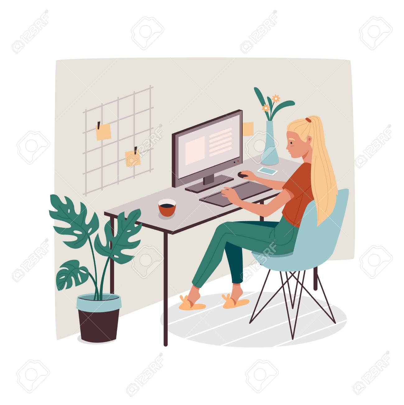 Woman At Office Or Home Working With Computer. Girl Doing Remote Job Using  PC. Lady Employee Or Female Designer With Stickers. Cartoon Freelancer With  Coffee. Freelance Sign Design Royalty Free SVG, Cliparts,, image size:1299x1300