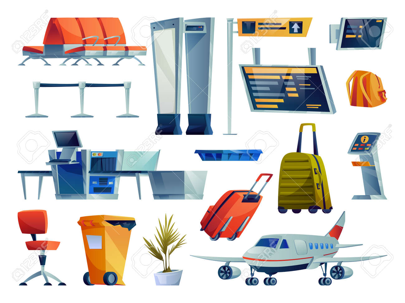 Set of airport cartoon icons isolated. Vector chairs seats row, boarding pass gates, check in boards and terminals. Plane, x-ray scan, luggage bags, litter container and plant, kiosk checking flight - 168336157 Set of airport cartoon icons isolated. Vector chairs seats row, boarding pass gates, check in boards and terminals. Plane, x-ray scan, luggage bags, litter container and plant, kiosk checking flight - 168336157