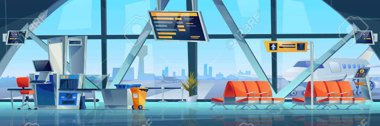 Salão de espera interior do aeroporto do vetor, zona de lounge de chegada de partida, portal de fita de varredura de raio-x de segurança de transporte, fileiras de assentos, aviões e torre de controle fora da janela. - 168336165 Salão de espera interior do aeroporto do vetor, zona de lounge de chegada de partida, portal de fita de varredura de raio-x de segurança de transporte, fileiras de assentos, aviões e torre de controle fora da janela. - 168336165