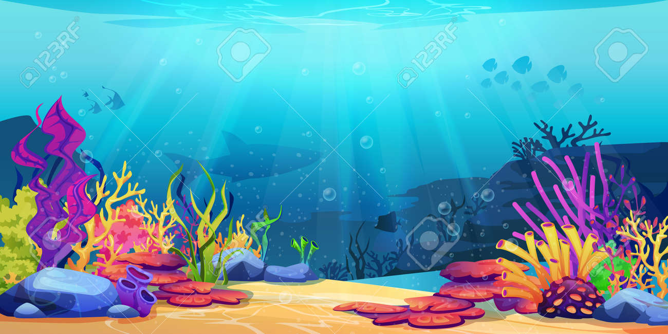 Coral reef underwater world with marine animals silhouettes and algae seaweeds, sea bottom cartoon background. Vector undersea plants, aquarium with seafloor, marine wildlife scenery on depth - 169018750 Coral reef underwater world with marine animals silhouettes and algae seaweeds, sea bottom cartoon background. Vector undersea plants, aquarium with seafloor, marine wildlife scenery on depth - 169018750