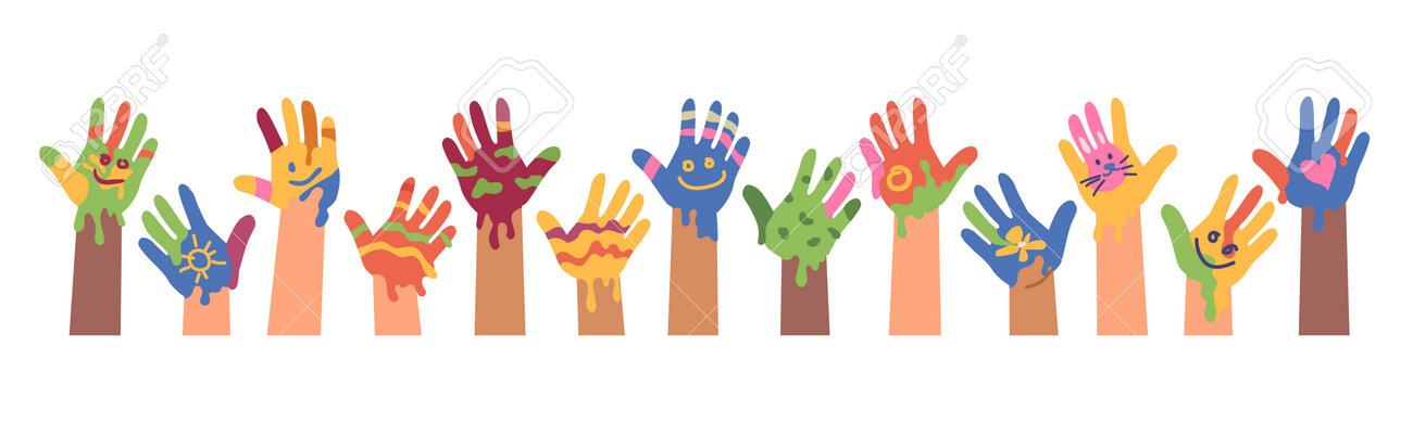 Children drawings and art, kid hands with colorful paints. Isolated banner of children art. Peace and positivity symbol. Imprint and trace, painters and artists. Flat cartoon vector illustration - 171281448 Children drawings and art, kid hands with colorful paints. Isolated banner of children art. Peace and positivity symbol. Imprint and trace, painters and artists. Flat cartoon vector illustration - 171281448