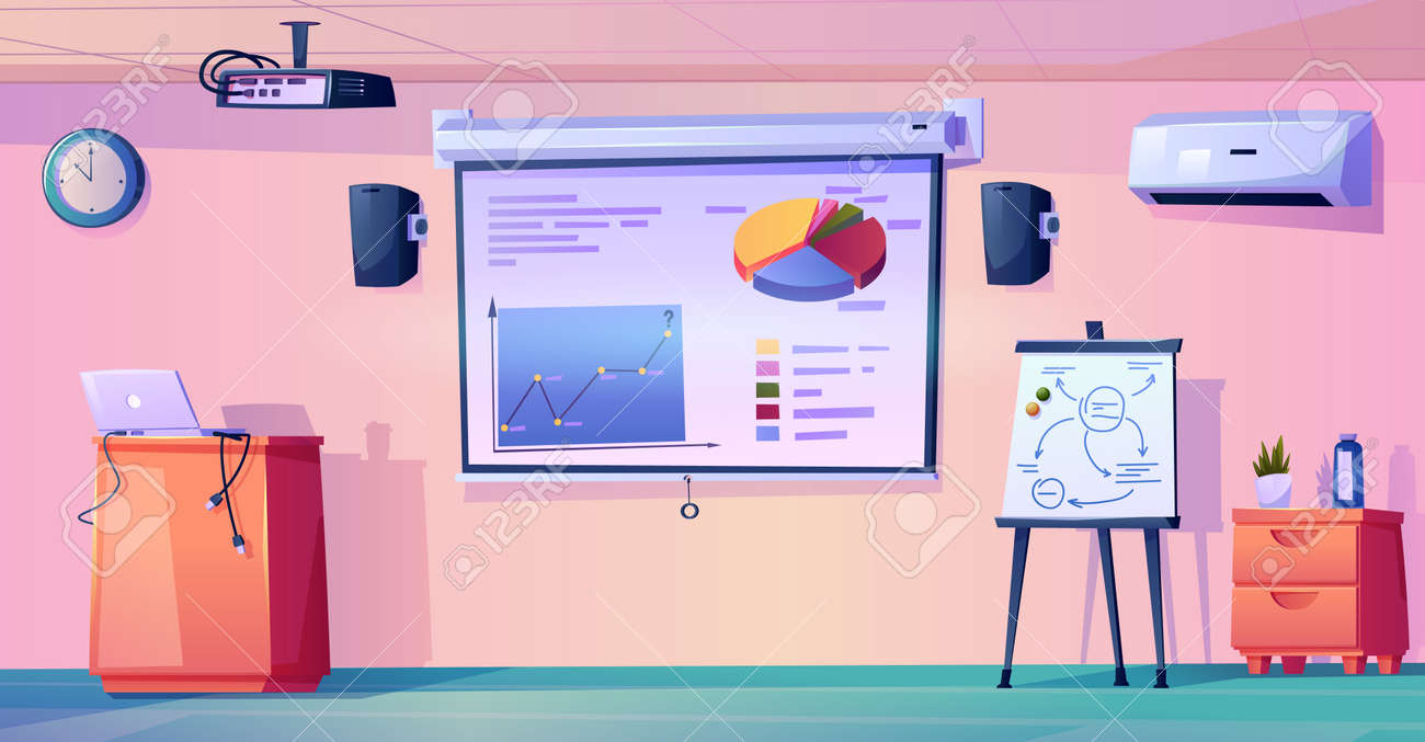 Interior of modern classroom of school, college or university. Empty room with whiteboard and charts, laptop and projector. Meeting or conference hall in business office. Flat cartoon style vector - 171281451 Interior of modern classroom of school, college or university. Empty room with whiteboard and charts, laptop and projector. Meeting or conference hall in business office. Flat cartoon style vector - 171281451
