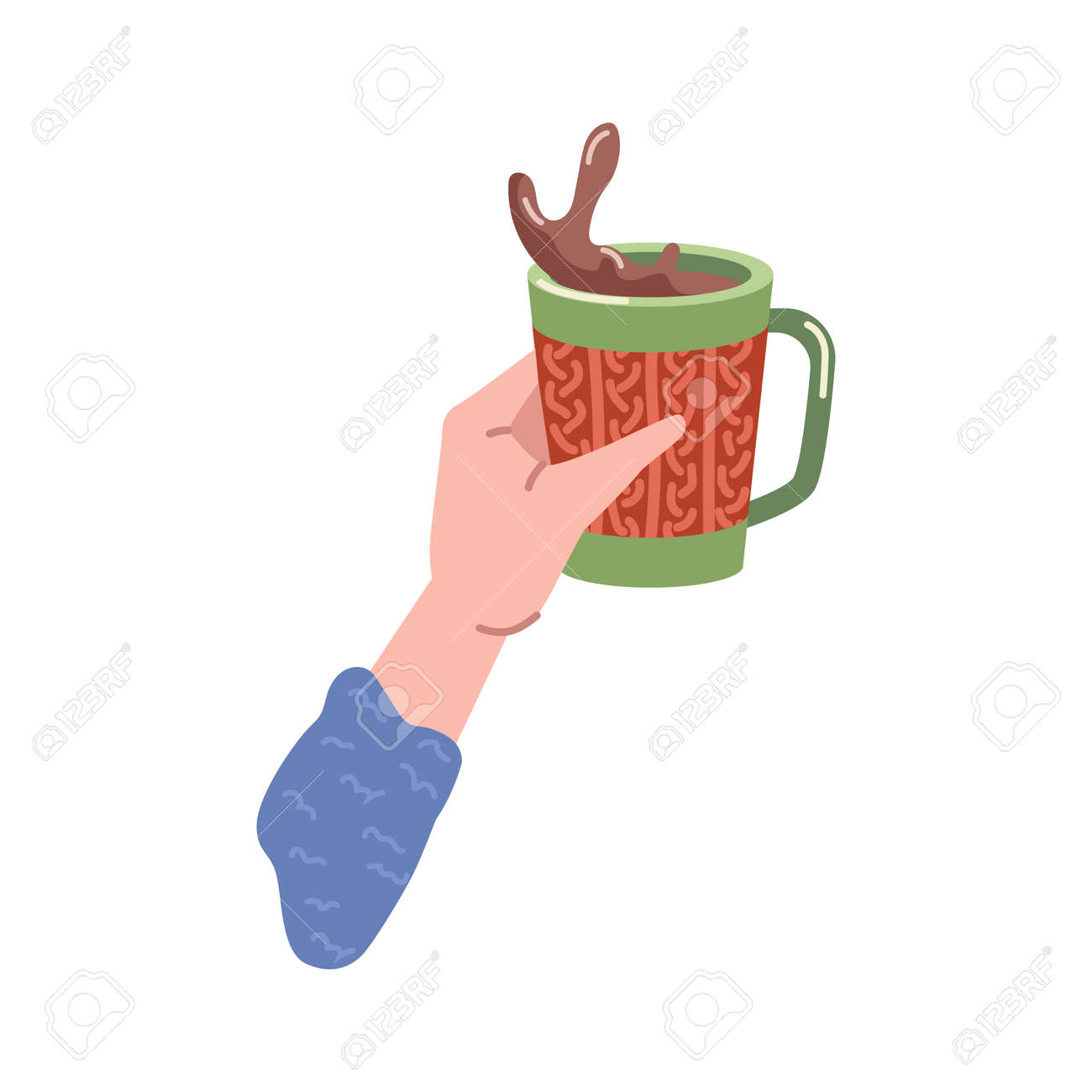 Beverage splash in cup of coffee or hot chocolate drink. Isolated hand holding tasty cappuccino in mug, served portion in cafe or restaurant. Americano or espresso. Vector in flat cartoon style - 171589770 Beverage splash in cup of coffee or hot chocolate drink. Isolated hand holding tasty cappuccino in mug, served portion in cafe or restaurant. Americano or espresso. Vector in flat cartoon style - 171589770