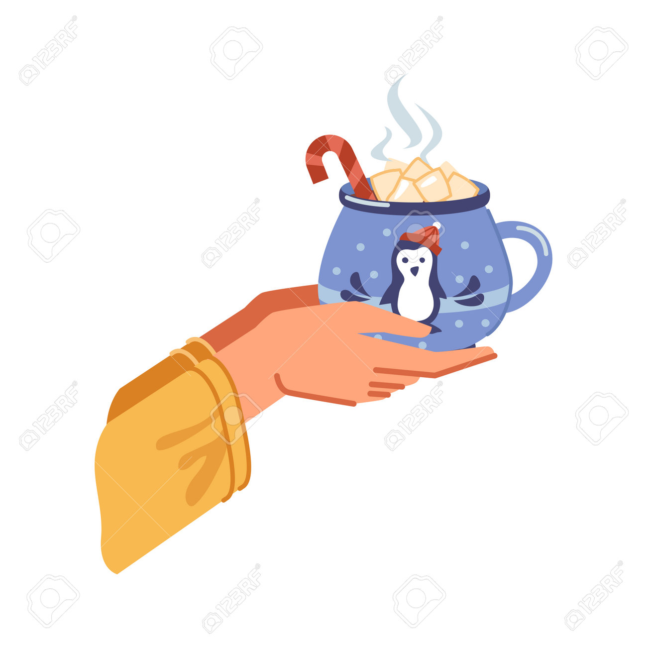 Traditional winter drink of cocoa with melting marshmallows poured in cup. Hands holding beverage with candy stick, mug with xmas penguin decoration. Vector in flat cartoon style illustration - 171589771 Traditional winter drink of cocoa with melting marshmallows poured in cup. Hands holding beverage with candy stick, mug with xmas penguin decoration. Vector in flat cartoon style illustration - 171589771