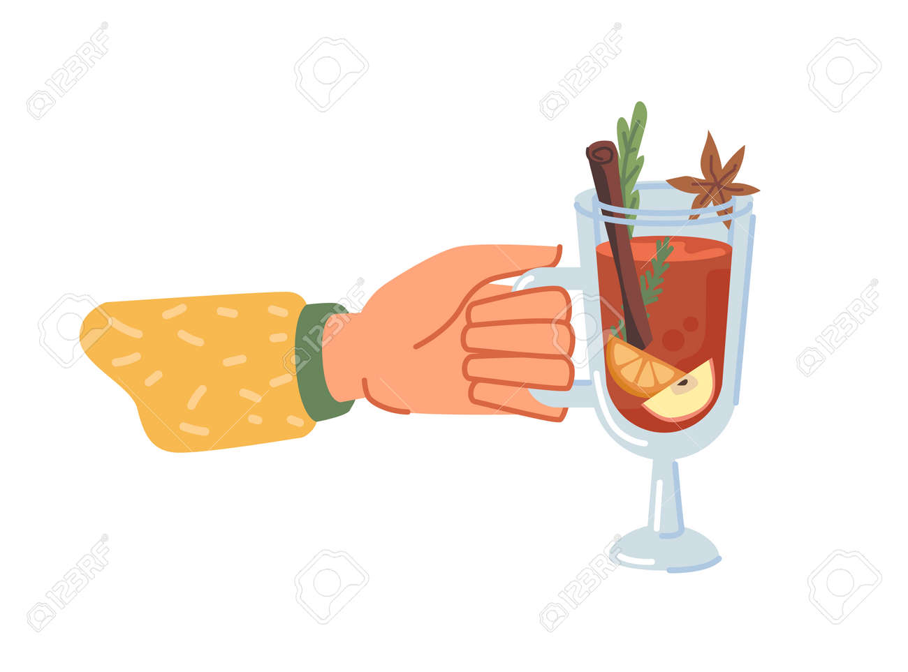 Hot beverage served in glass cup, isolated hand holding mulled wine with spices. Drink with anise and cinnamon stick, citrus slice and delicious flavor. Christmas menu. Vector in flat cartoon style - 171589775 Hot beverage served in glass cup, isolated hand holding mulled wine with spices. Drink with anise and cinnamon stick, citrus slice and delicious flavor. Christmas menu. Vector in flat cartoon style - 171589775