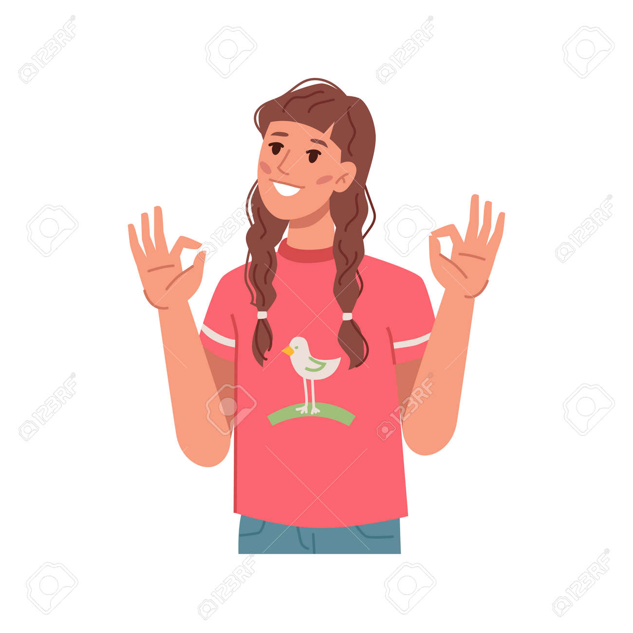 Girl kid showing okay gesture with hands, isolated preteen personage approving or agreeing. Cool and ok symbol, expression of agreement and positive answer. Flat style cartoon character vector - 171589782 Girl kid showing okay gesture with hands, isolated preteen personage approving or agreeing. Cool and ok symbol, expression of agreement and positive answer. Flat style cartoon character vector - 171589782