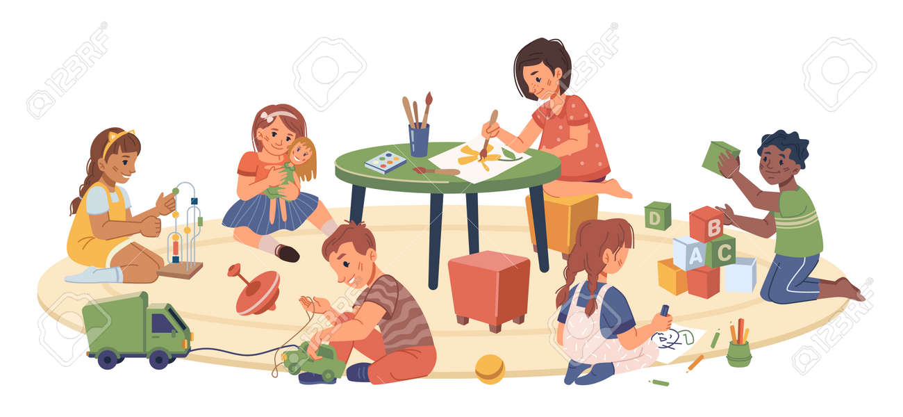 Kindergarten kids playing and studying, isolated children drawing and cuddling doll. Montessori system of education for preschoolers and toddlers. Development of skills. Flat cartoon character vector - 171589783 Kindergarten kids playing and studying, isolated children drawing and cuddling doll. Montessori system of education for preschoolers and toddlers. Development of skills. Flat cartoon character vector - 171589783