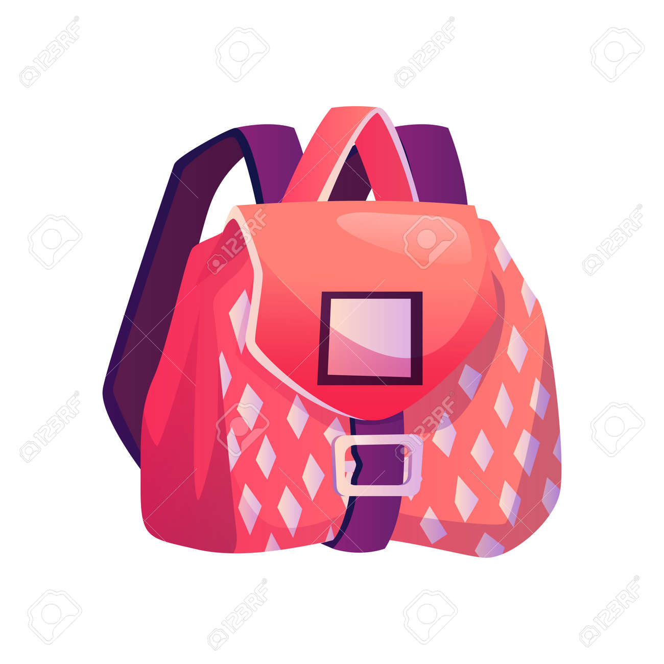Satchel for girl with pockets and geometric print. Isolated girlish bag with straps. Flexible textile bag for personal belonging, fabric backpack. Baggage with clasp. Flat cartoon style vector - 171589786 Satchel for girl with pockets and geometric print. Isolated girlish bag with straps. Flexible textile bag for personal belonging, fabric backpack. Baggage with clasp. Flat cartoon style vector - 171589786