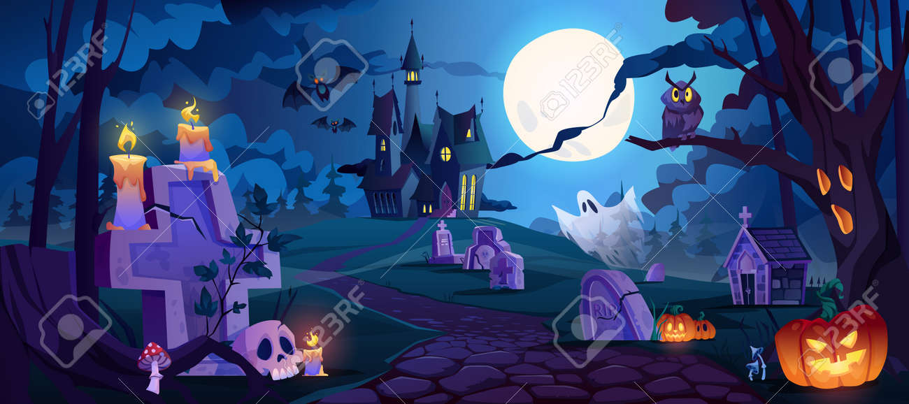 Graveyard and high spooky castle on top, cemetery with skulls and candles, pumpkins with lights and ghosts. Halloween landscape scene, small boneyard with tombstones and dry trees. Cartoon vector - 171589788 Graveyard and high spooky castle on top, cemetery with skulls and candles, pumpkins with lights and ghosts. Halloween landscape scene, small boneyard with tombstones and dry trees. Cartoon vector - 171589788