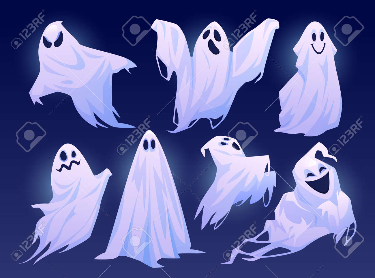 Good and evil ghosts of halloween, isolated set of personages in costumes. Floating apparitions with facial expression of sadness, joy and anger. Spooky monsters. Flat cartoon character vector - 171589790 Good and evil ghosts of halloween, isolated set of personages in costumes. Floating apparitions with facial expression of sadness, joy and anger. Spooky monsters. Flat cartoon character vector - 171589790