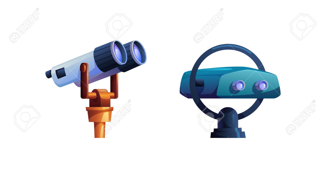 恒久的に取り付けられたコイン式屋外観察双眼鏡視聴機漫画セット。ベクトル観光旅行望遠鏡、ファインダービューアー風景観察装置、スパイグラスのイラスト素材・ベクター  Image 179005448