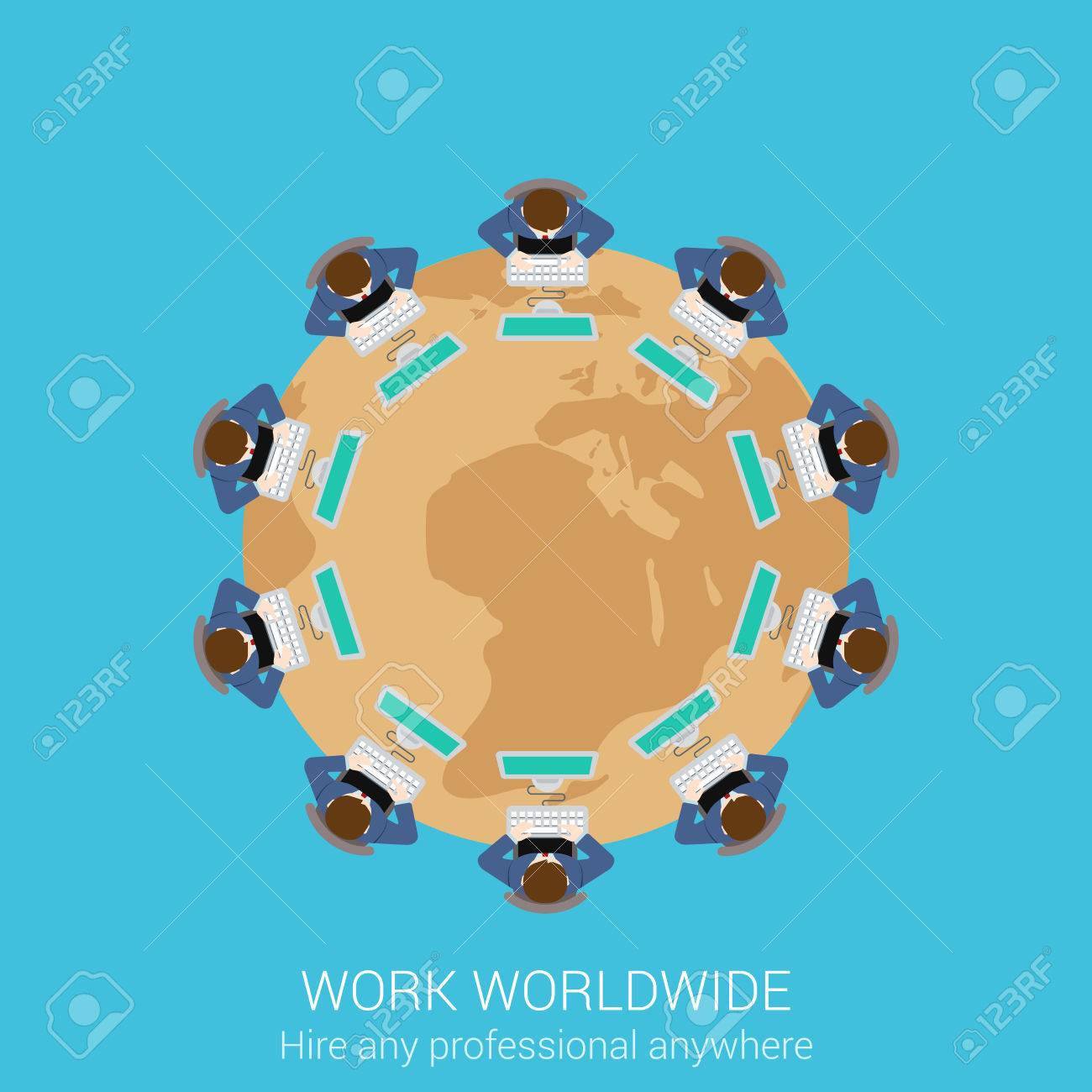 ラウンド テーブル ビジネスマン チームワーク世界会議プレゼンテーション ベクトル Web イラスト Web サイトをクリックしてインフォ グラフィック要素コレクションのグローバル企業リモートワーク コンセプト フラット アイコン のイラスト素材 ベクタ Image