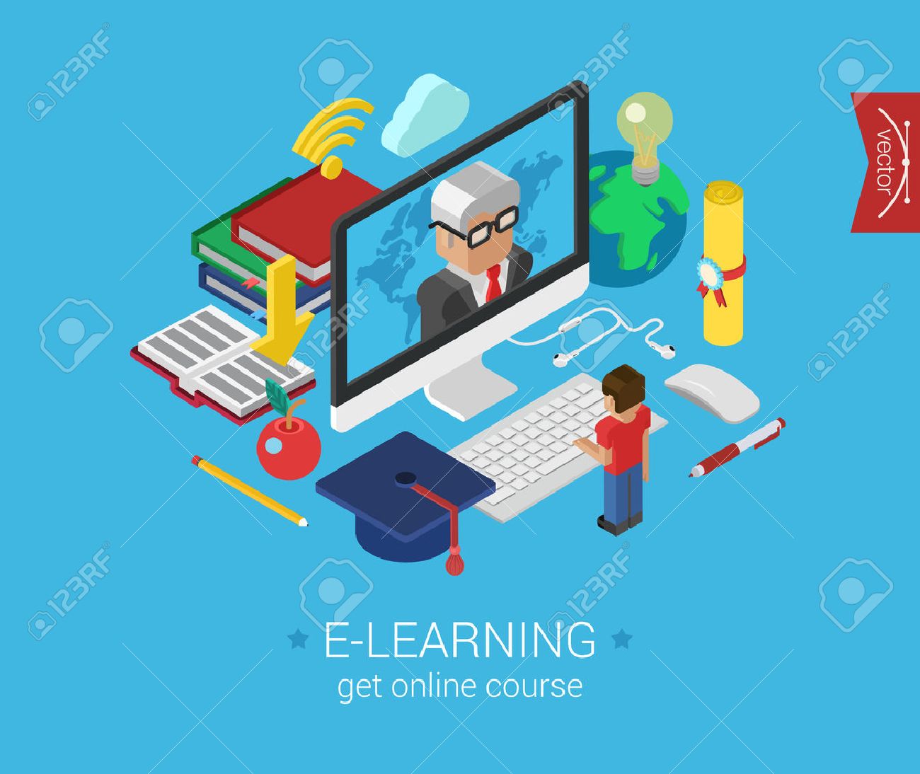 オンライン教育コース E ラーニング フラット 3次元等尺性の現代概念ベクトルのアイコンのコラージュします 漫画男図は先生を示すモニターの前に立ちます Web のイラストや Web サイト インフォ グラフィックの要素 のイラスト素材 ベクタ Image