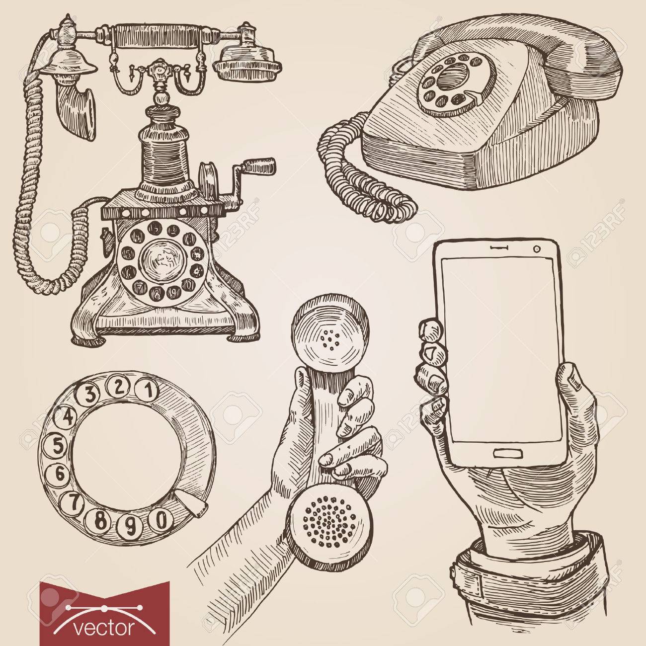Handdrawn engraving style pen pencil crosshatch hatching paper painting retro vintage vector lineart illustration set of old fashioned disc phones smartphone. Engrave silhouette conceptual collection - 45041443 Handdrawn engraving style pen pencil crosshatch hatching paper painting retro vintage vector lineart illustration set of old fashioned disc phones smartphone. Engrave silhouette conceptual collection - 45041443