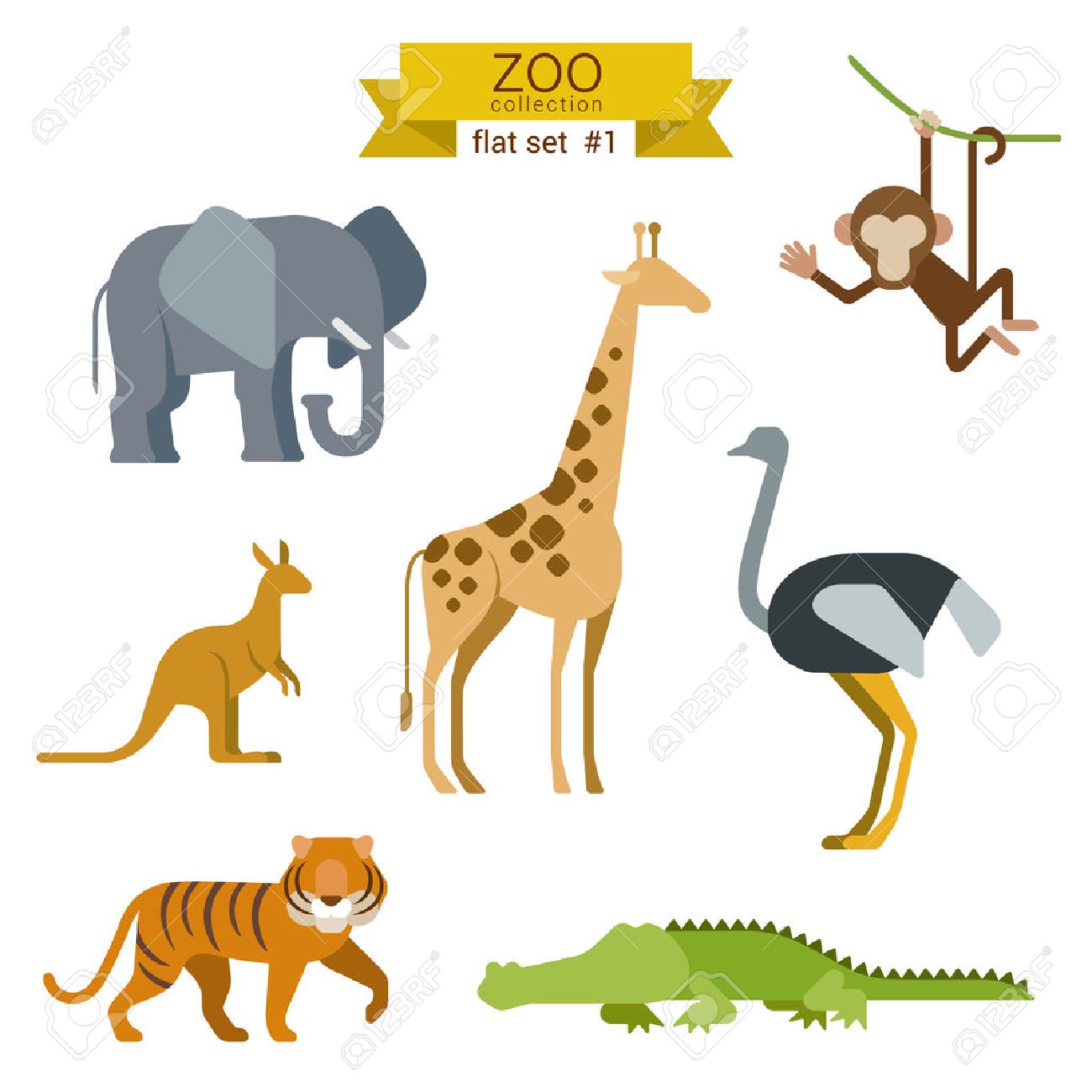 flat design vector animals icon set elephant giraffe monkey ostrich kangaroo