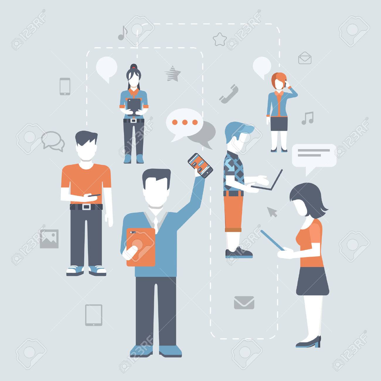 Flat style young people figure online social media communications infographic concept vector icon set. Man woman with tablet phone laptop. Content and humans connected via chat share like e-mail. - 48544807 Flat style young people figure online social media communications infographic concept vector icon set. Man woman with tablet phone laptop. Content and humans connected via chat share like e-mail. - 48544807