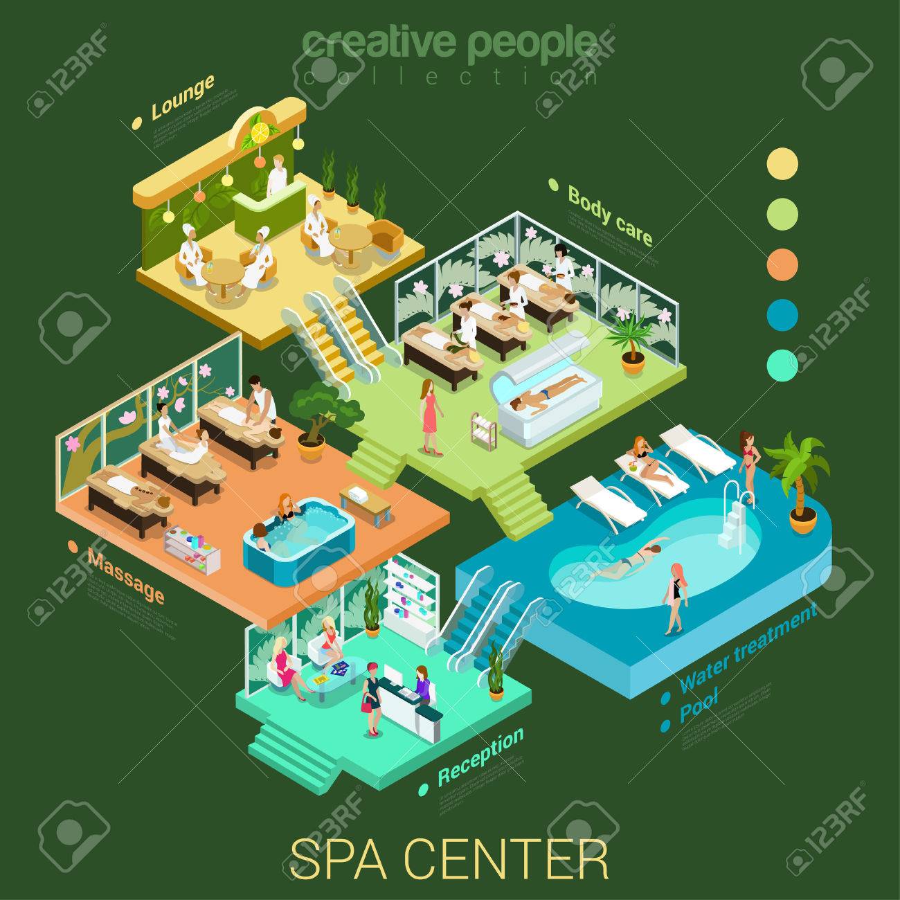 Flat 3d Isometric Abstract Spa Salon Center Floor Interior