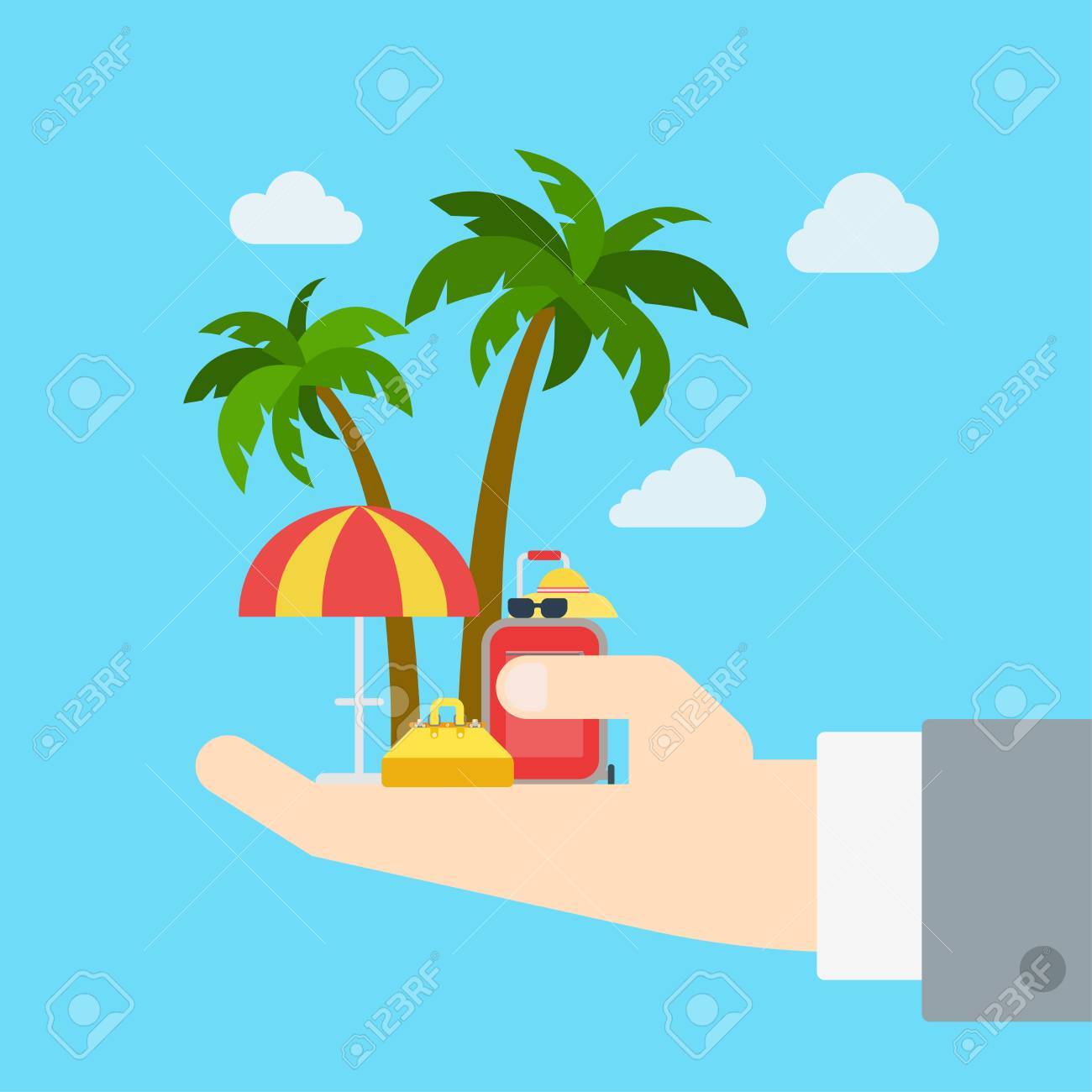 Agencia De Viajes Banda Plana Concepto Infografía Vector De Plantilla Gira Promocional De Negocios Vacaciones. Palma De Sol Bolsa Enorme Maleta En La Colección De Turismo Creativo. Ilustraciones Svg,