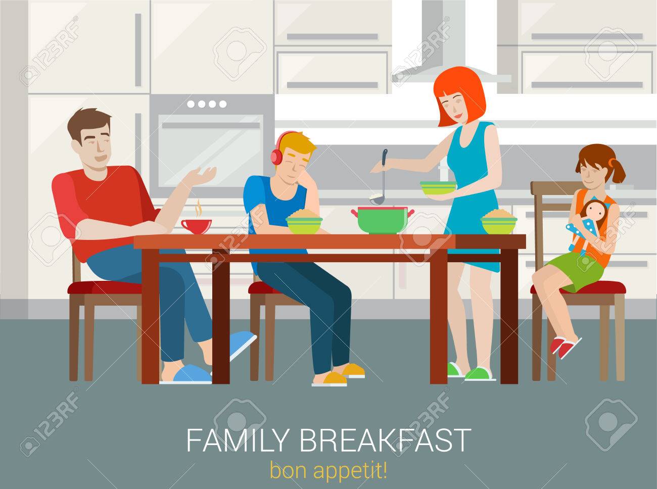 Flat style family breakfast concept. Parents children sitting kitchen table woman porridge impose into bowl plate. Mother father sister brother son daughter. Creative people collection. - 54534523 Flat style family breakfast concept. Parents children sitting kitchen table woman porridge impose into bowl plate. Mother father sister brother son daughter. Creative people collection. - 54534523