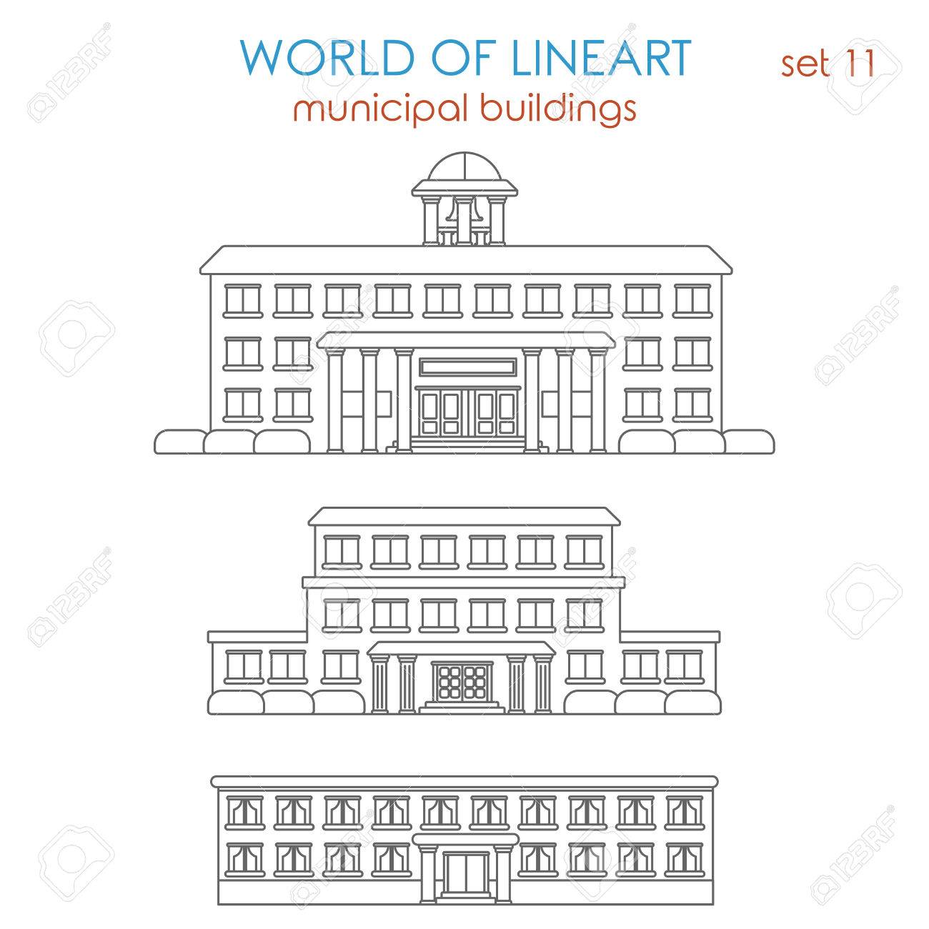 建築公共自治体学校大学大学図書館警察署病院建物グラフィカルなライン アート スタイル アイコン セットです ラインアート コレクションの世界 のイラスト素材 ベクタ Image