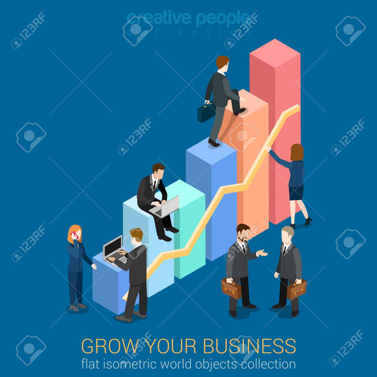 Growing Business infographics template concept flat 3d web isometric vector. Businessmen working to charts grow up. Creative people collection. Build your infographic. - 54638537 Growing Business infographics template concept flat 3d web isometric vector. Businessmen working to charts grow up. Creative people collection. Build your infographic. - 54638537