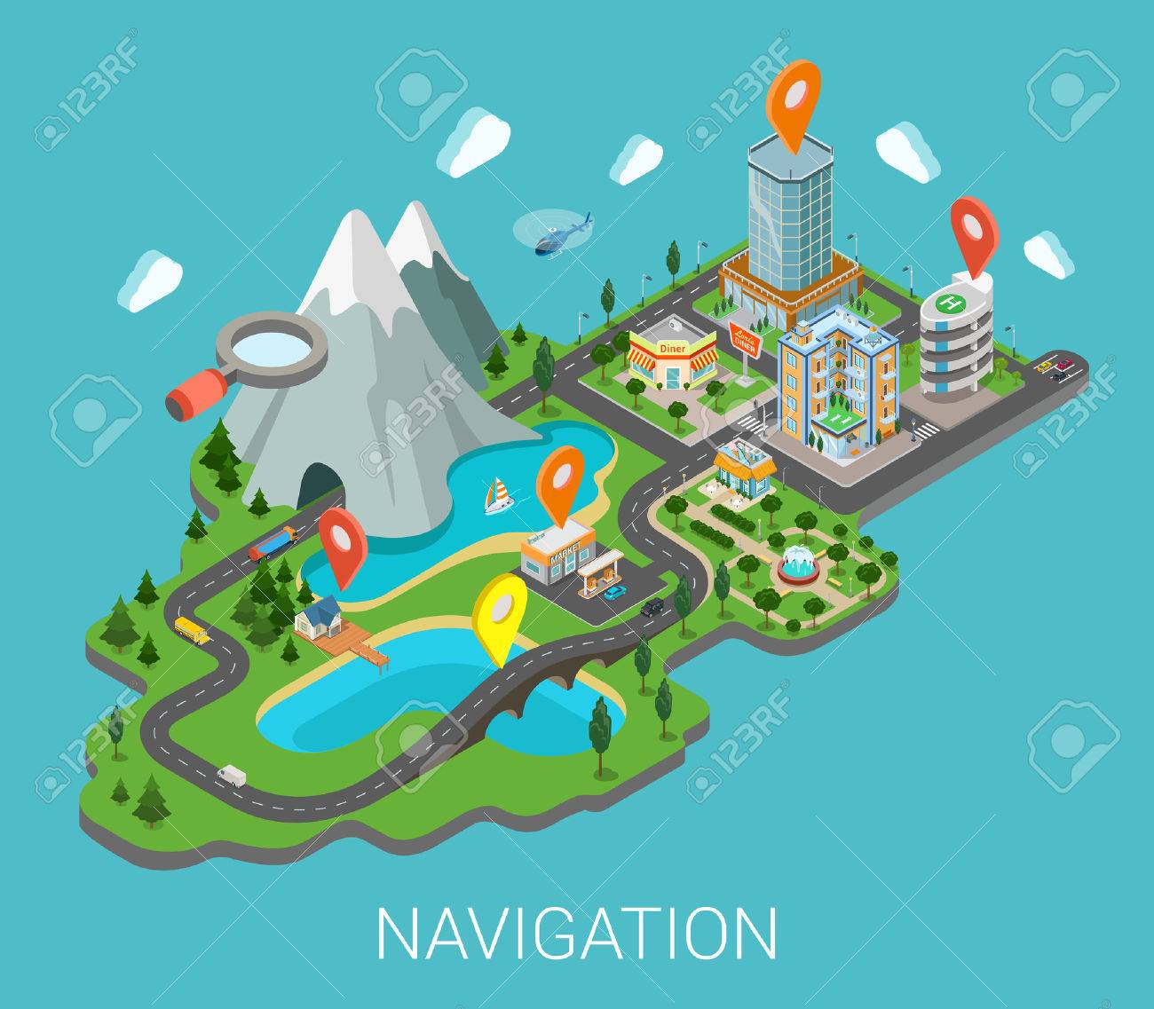 Flat 3d isometric map mobile GPS navigation app infographic concept. City countryside lake mountain gas station park restaurant bridge hotel shopping mall route pin markers. Navigate info graphics. - 54642384 Flat 3d isometric map mobile GPS navigation app infographic concept. City countryside lake mountain gas station park restaurant bridge hotel shopping mall route pin markers. Navigate info graphics. - 54642384