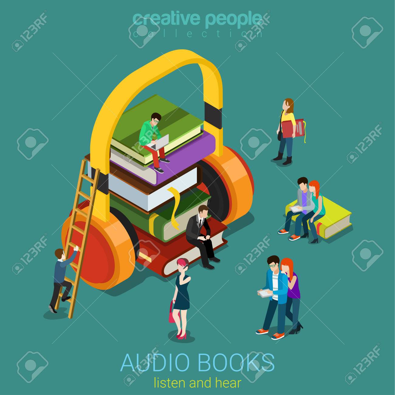 Audio books flat 3d isometric electronic library concept. Micro people on pile of books listening