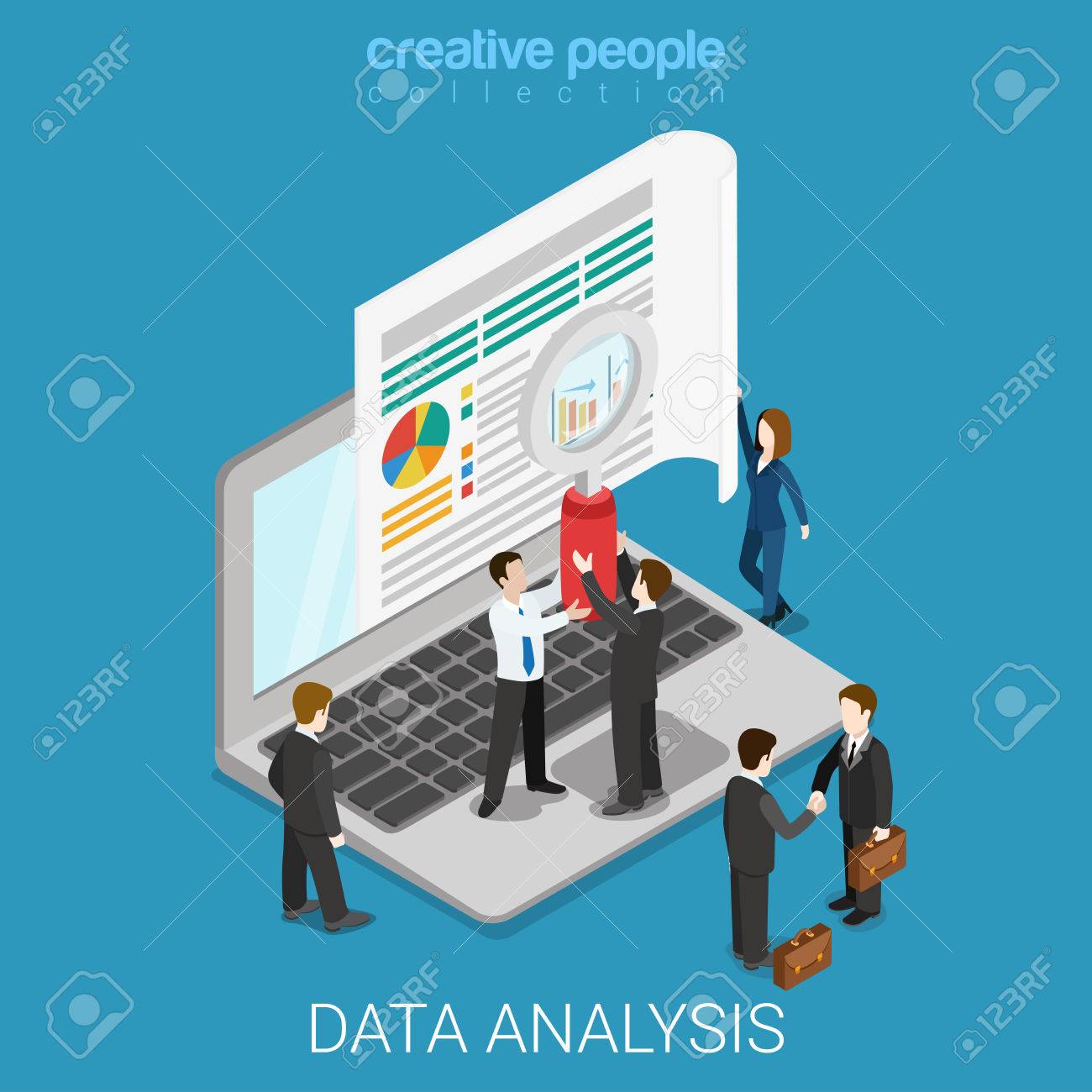 Flat 3d isometric online data analysis web infographics concept. Micro people hold magnifier before big laptop screen. Creative people collection. - 57397837 Flat 3d isometric online data analysis web infographics concept. Micro people hold magnifier before big laptop screen. Creative people collection. - 57397837
