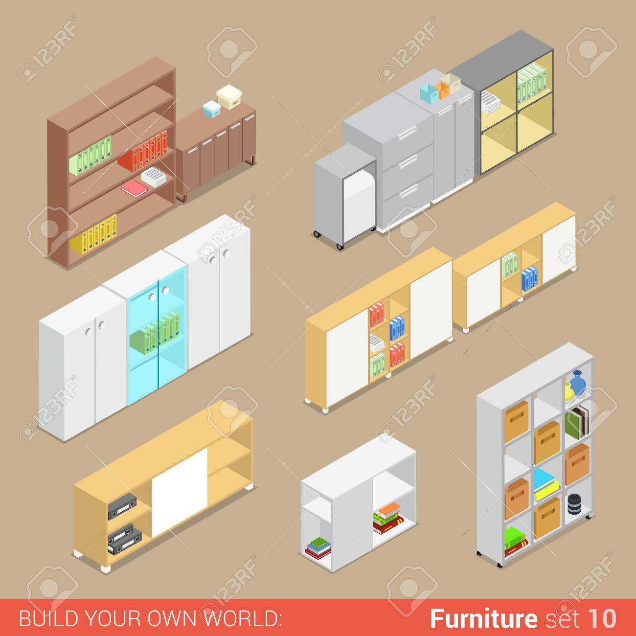 creative furniture icons set flat design. office furniture set 10 cupboard folder shelf storage closet cabinet chest locker element flat 3d isometry creative icons design