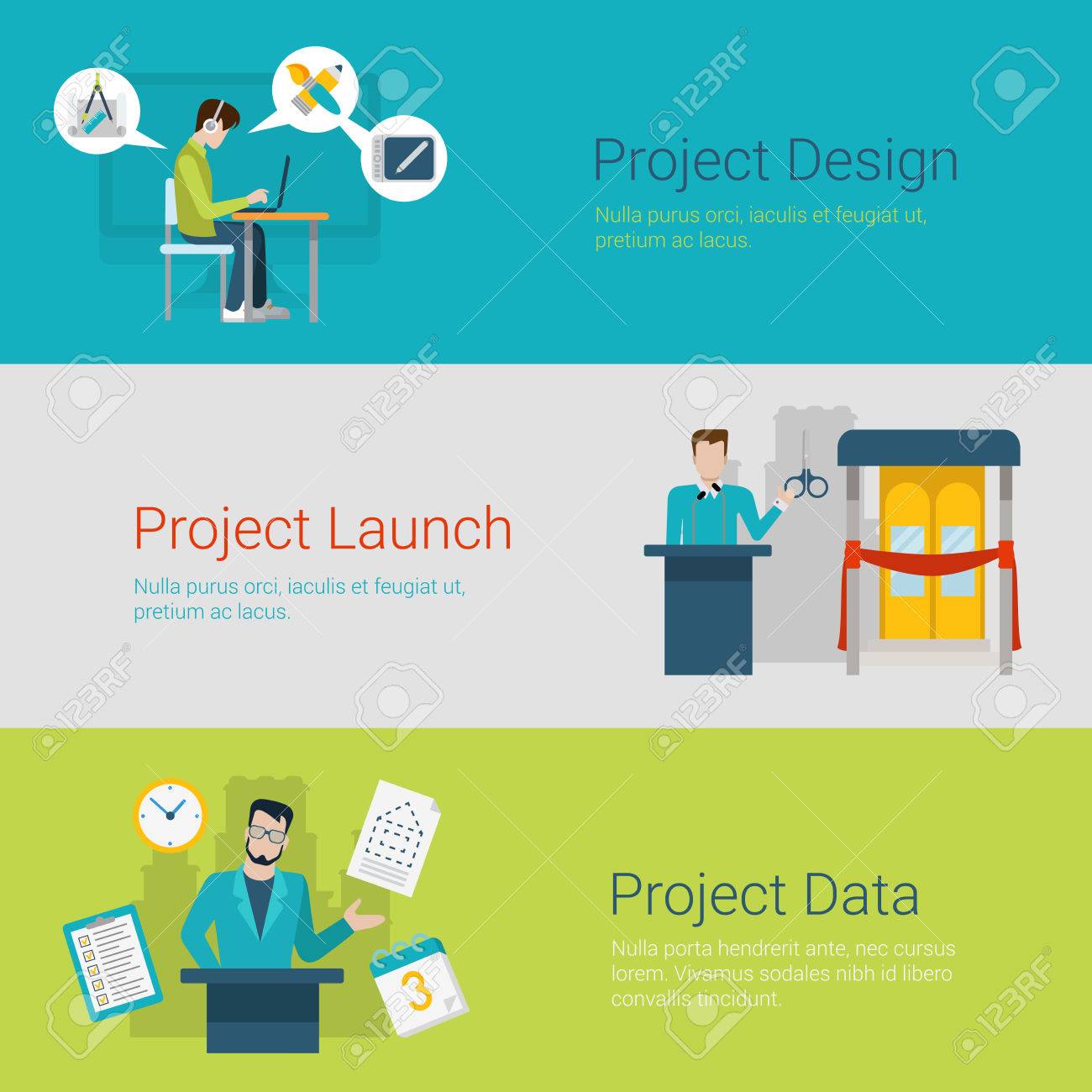 Flat Style Website Slider Banner Project Design Launch Data Concept - 