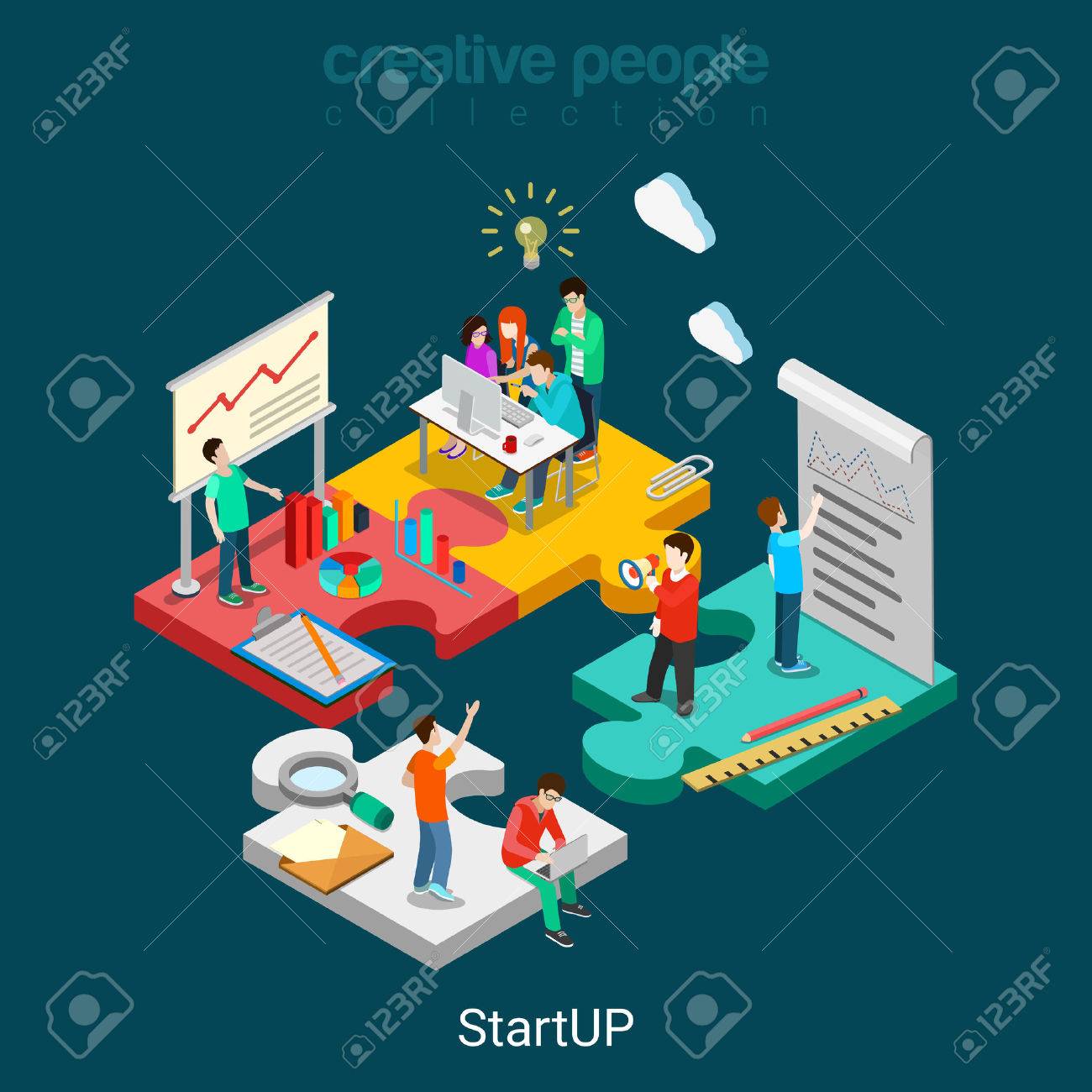Flat 3d isometric StartUP concept web infographics vector illustration. Puzzle solution idea research report team business planning. Creative people collection. - 56931594 Flat 3d isometric StartUP concept web infographics vector illustration. Puzzle solution idea research report team business planning. Creative people collection. - 56931594
