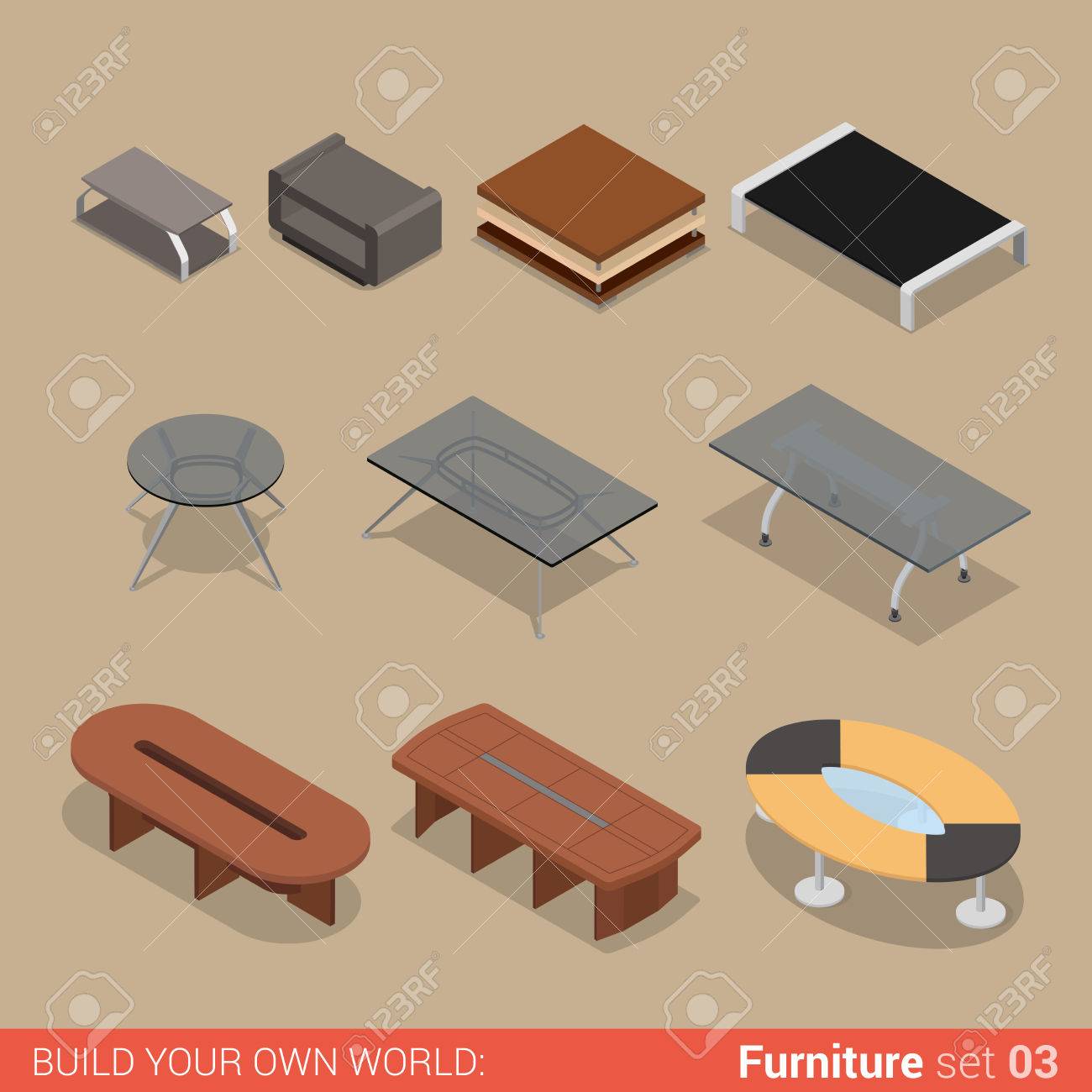 office furniture set 03 table living meeting room element flat 3d isometry isometric concept web infographics office vector collection29 vector