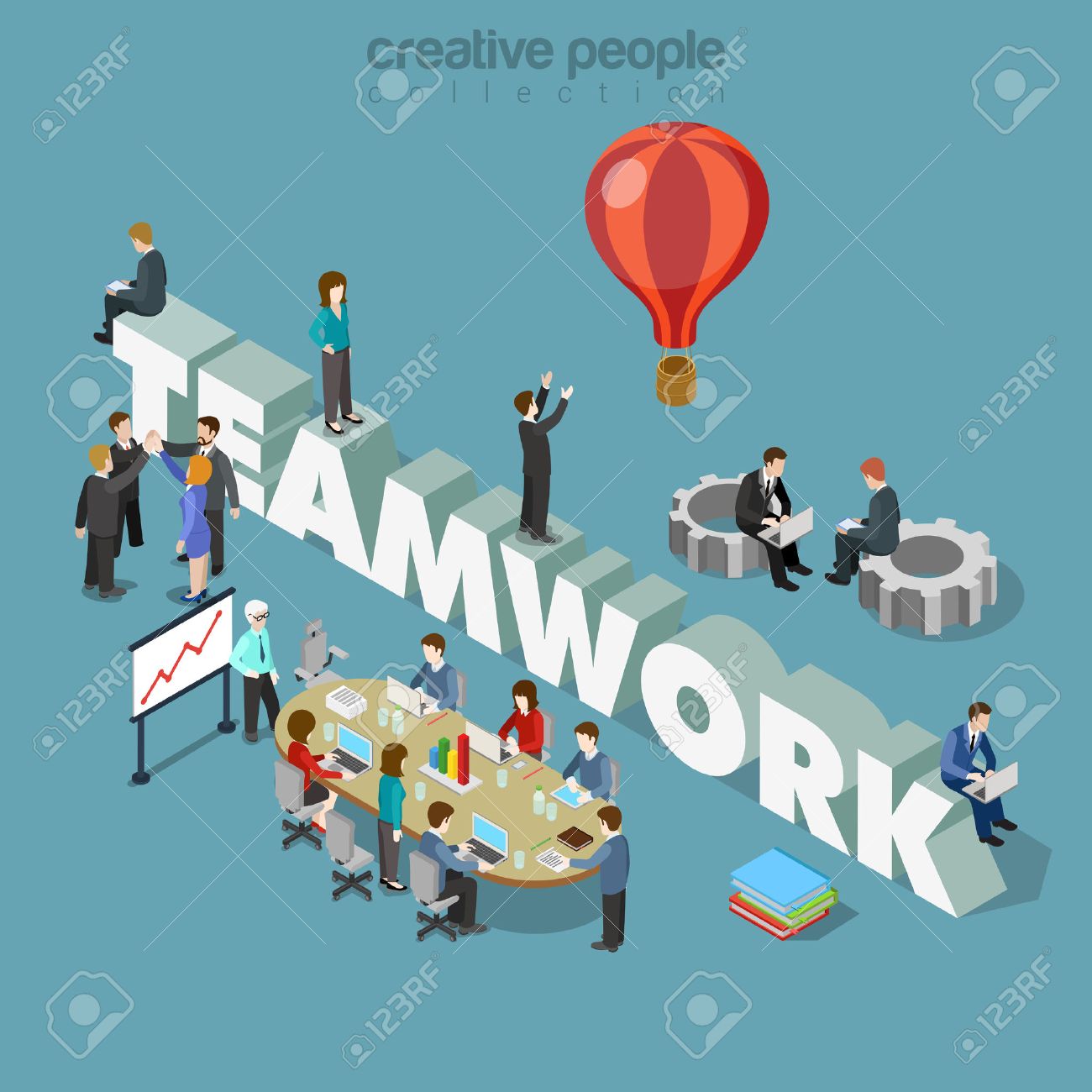flat 3d isometric style teamwork concept web infographics vector