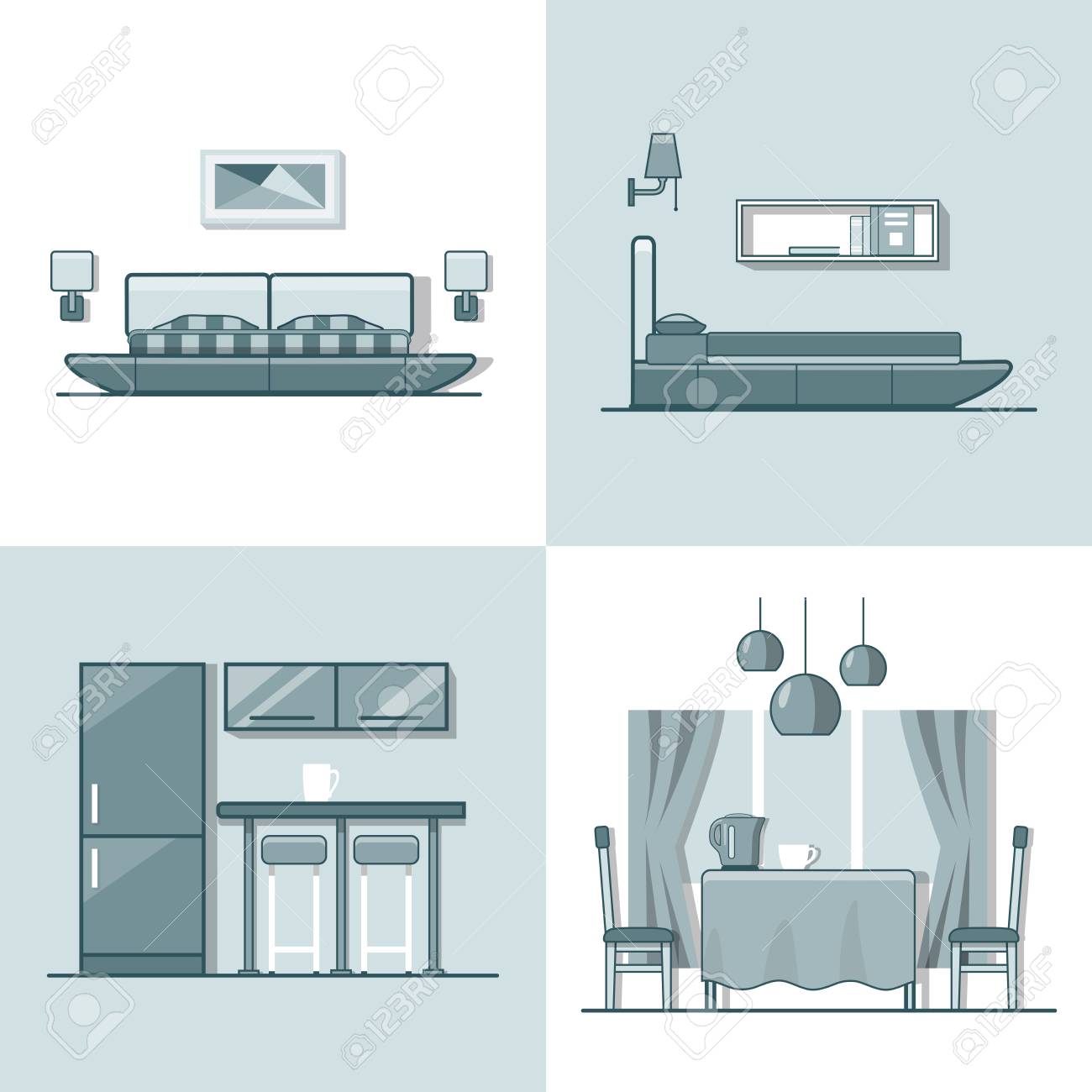 Bedroom kitchen living dining room interior indoor set. Linear monocolor stroke outline flat style vector icons. Color line art icon collection. - 57397926 Bedroom kitchen living dining room interior indoor set. Linear monocolor stroke outline flat style vector icons. Color line art icon collection. - 57397926