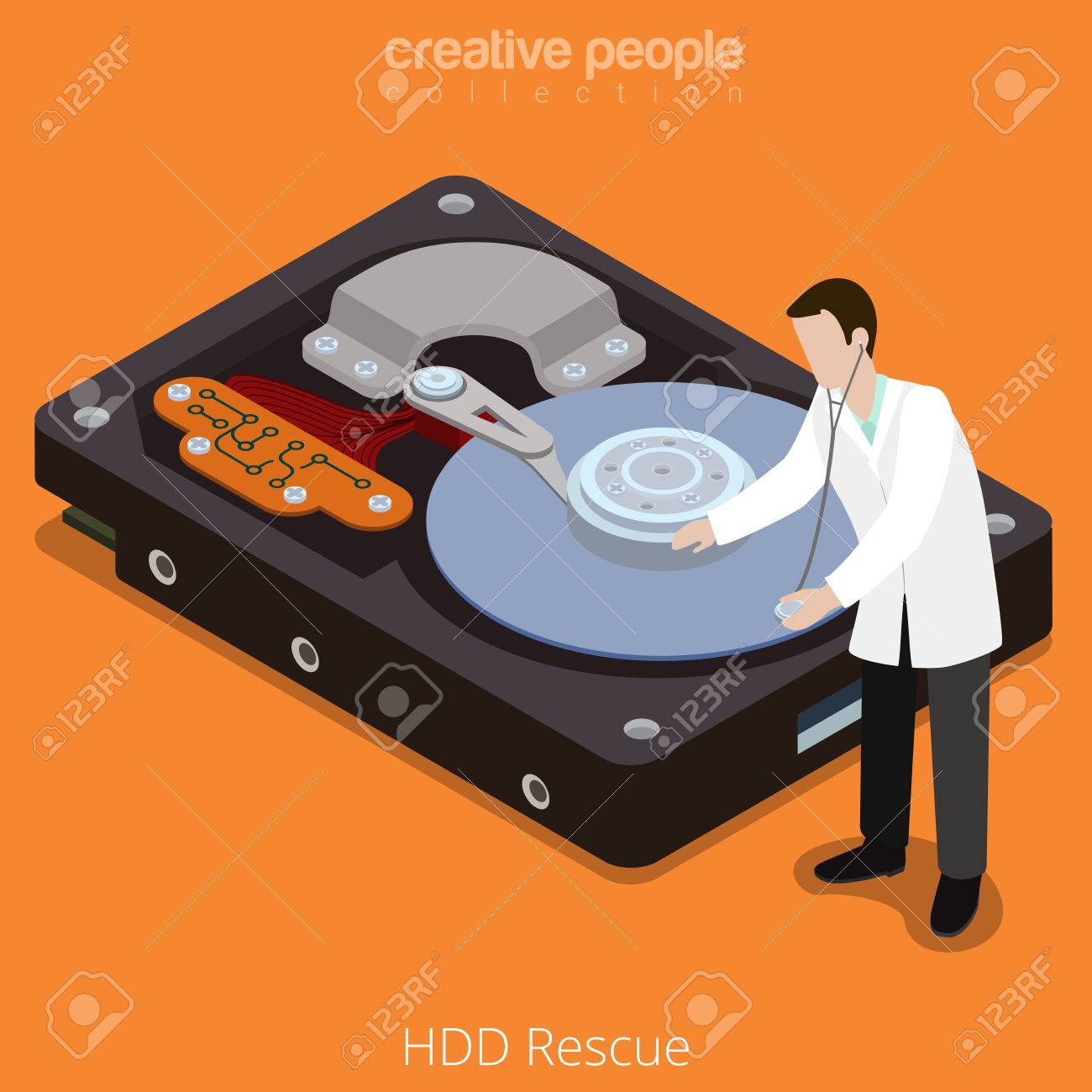 HDD 구조 프로세스. 플랫 3d 아이소 메트릭 아이소 메트릭 스타일 기술 컴퓨터 하드웨어 개념 벡터 일러스트 레이 션. 큰 하드 디스크  드라이브에 마이크로 만화 의사 오픈 커버. 크리 에이 티브 사람들 컬렉션입니다.