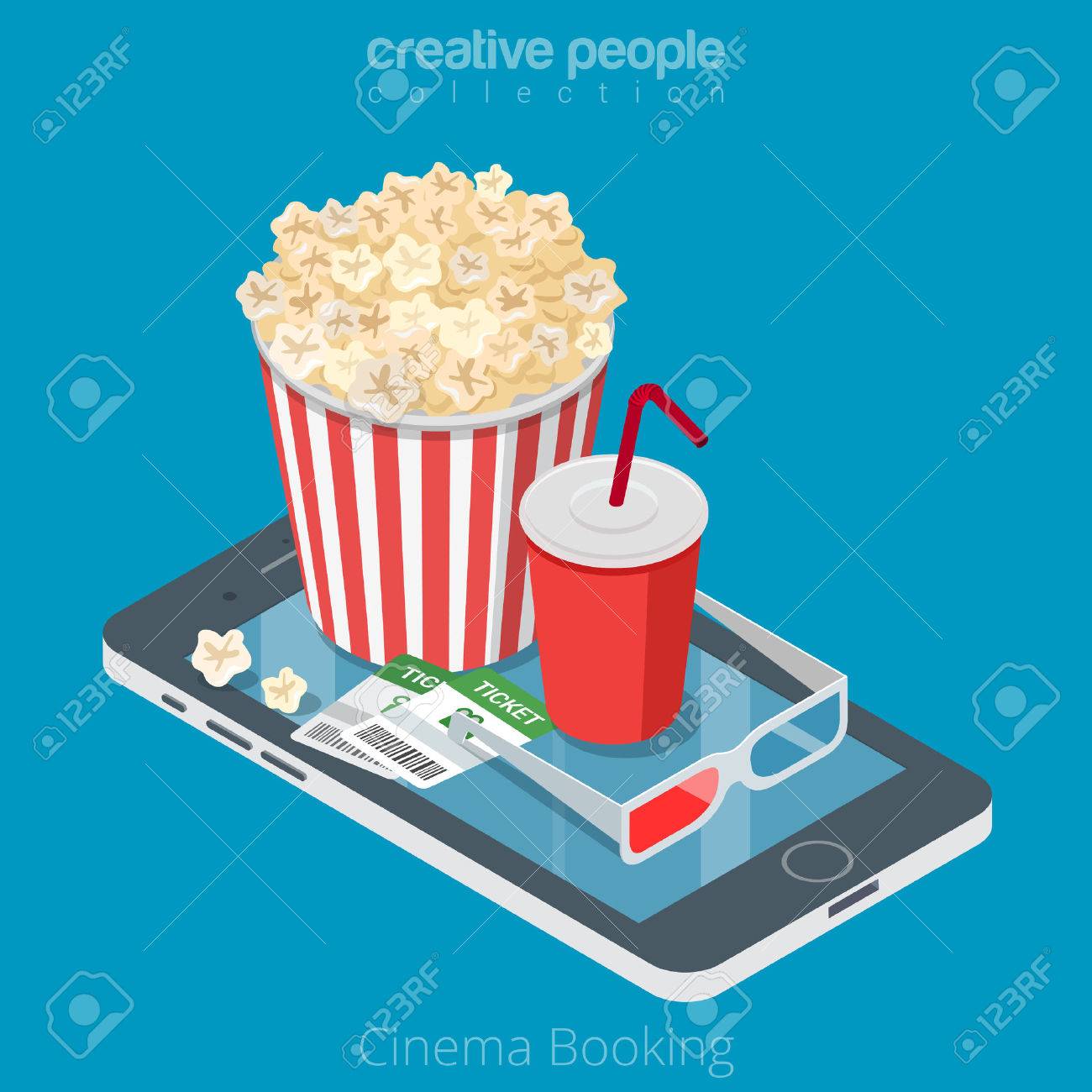 Flat isometric Cinema tickets, pop corn and coda on smartphone vector illustration. 3d isometry online mobile booking app concept. - 63733887 Flat isometric Cinema tickets, pop corn and coda on smartphone vector illustration. 3d isometry online mobile booking app concept. - 63733887