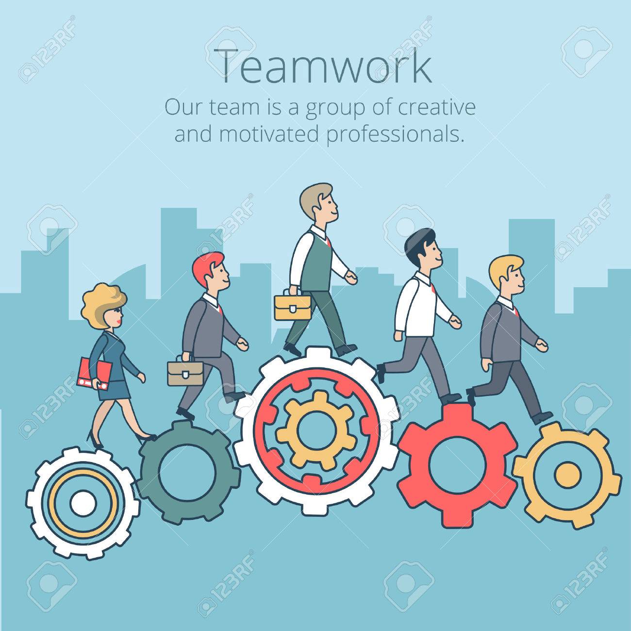 Linear Flat Businesspeople synchronously walking gearwheels vector illustration. Business corporate company professional team work concept. - 63745870 Linear Flat Businesspeople synchronously walking gearwheels vector illustration. Business corporate company professional team work concept. - 63745870