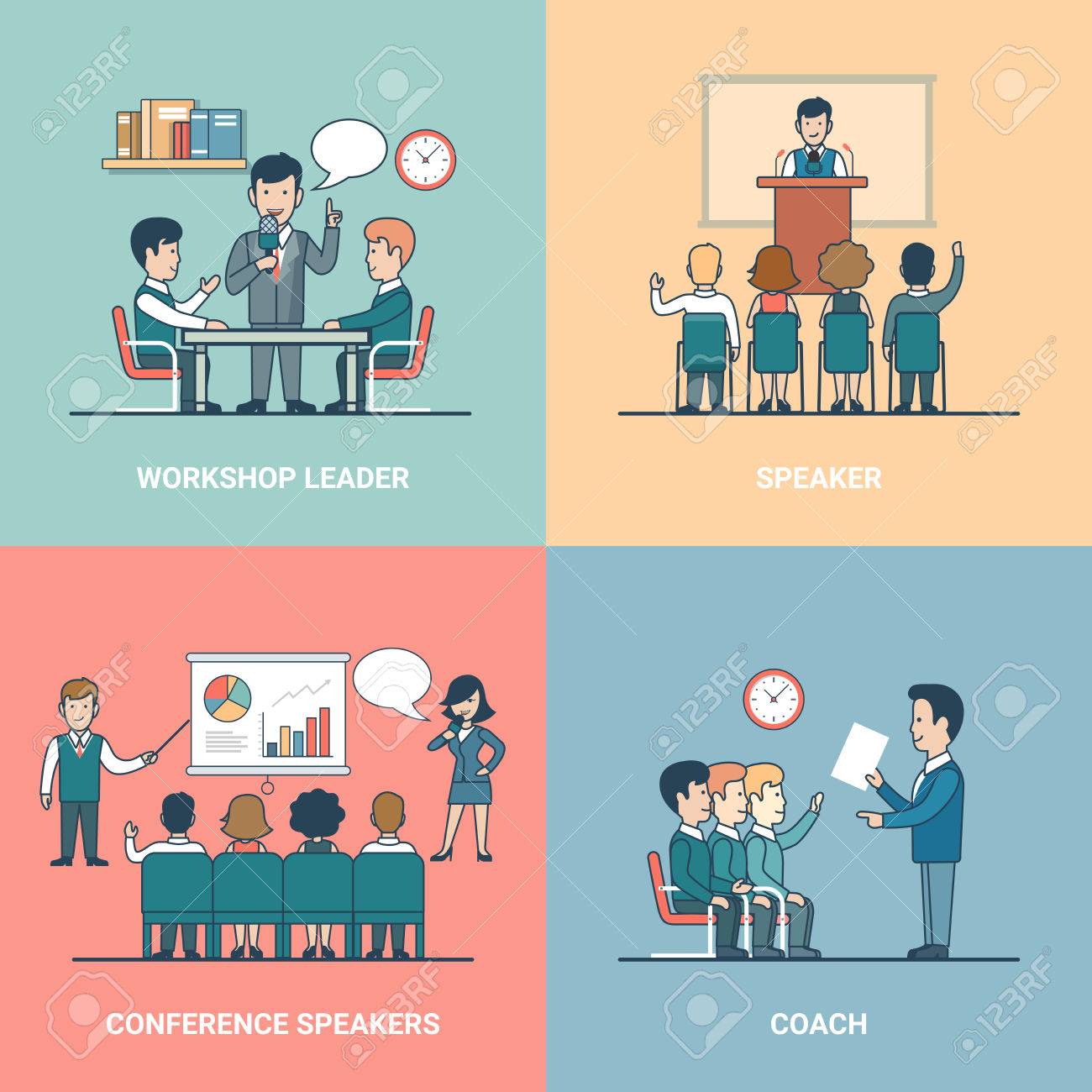 Linear Flat training variations in office rooms with furniture vector illustration set. Conference Speaker, Coach, Workshop Leader and listeners characters. Business professional Retraining concept. - 63745985 Linear Flat training variations in office rooms with furniture vector illustration set. Conference Speaker, Coach, Workshop Leader and listeners characters. Business professional Retraining concept. - 63745985