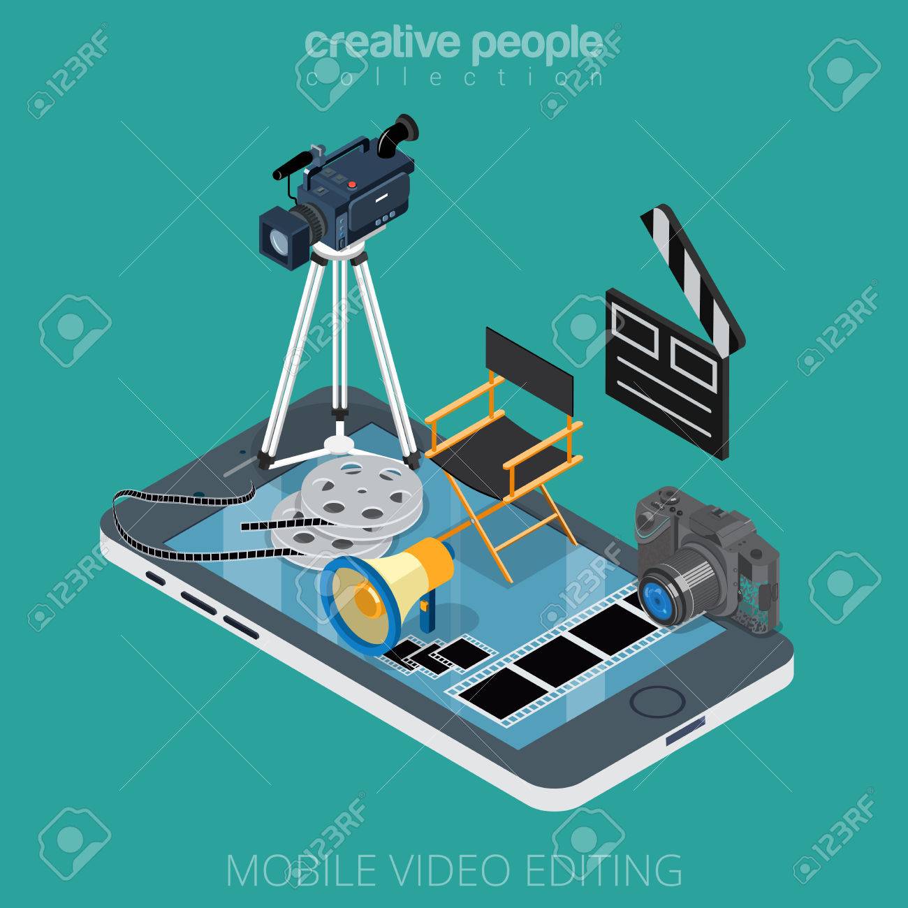 Flat isometric video content editing icons on smartphone vector illustration. 3d isometry motion media app concept. Camcorder, clapper, DSLR camera, film, director chair, filmstrip objects. - 63746199 Flat isometric video content editing icons on smartphone vector illustration. 3d isometry motion media app concept. Camcorder, clapper, DSLR camera, film, director chair, filmstrip objects. - 63746199