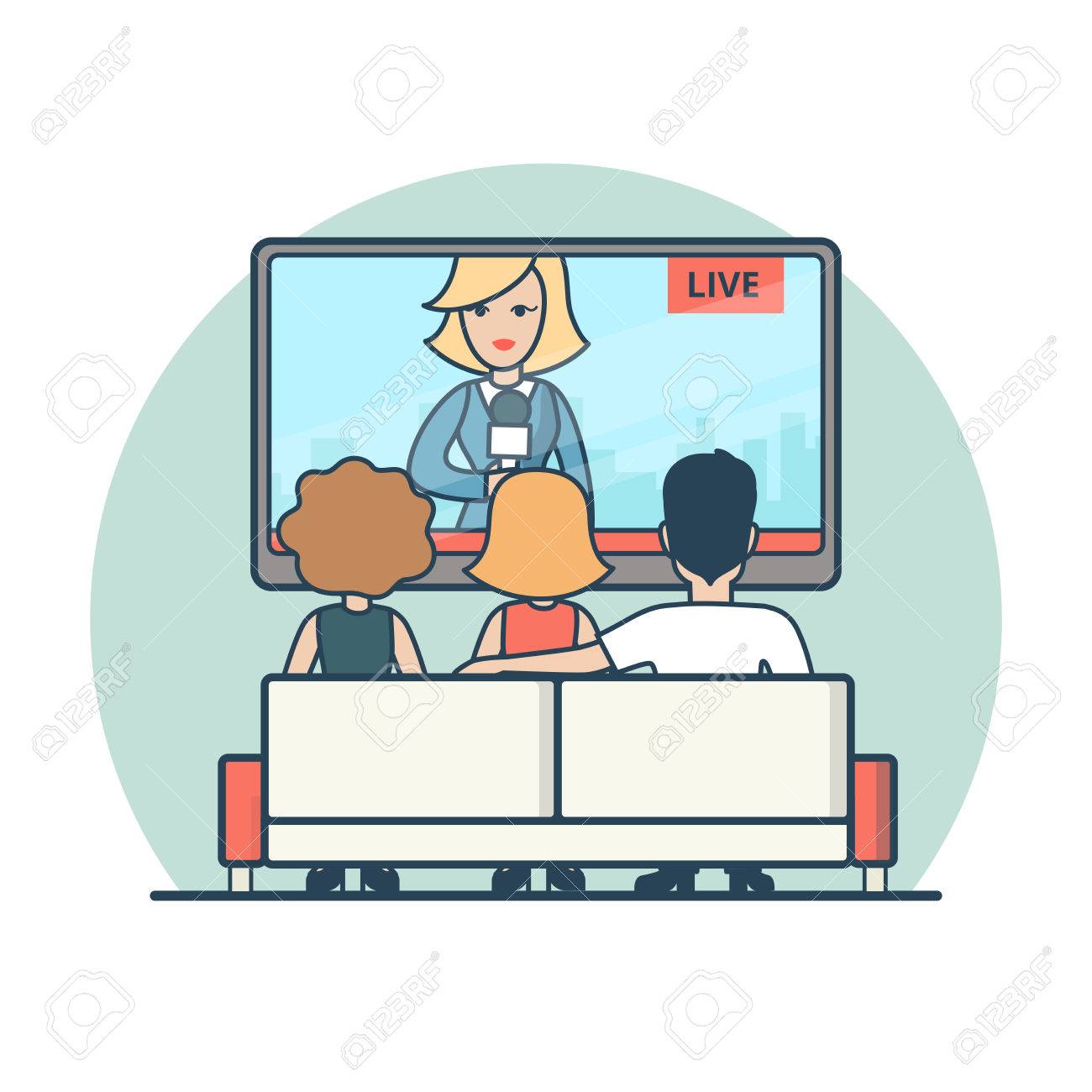 Linear Flat People Watching News On TV Vector Illustration Live Airing Media Concept Linear Flat People Watching News On TV Vector Illustration Live Airing Media Concept