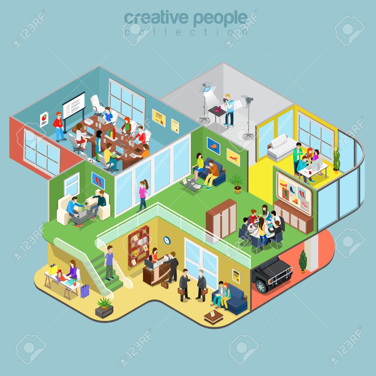 Flat isometric Creative Workshop office floors interior, company departments with staff vector illustration. 3d isometry Architecture, Teamwork concept. Director, designer, manager, client, reception. - 64110930 Flat isometric Creative Workshop office floors interior, company departments with staff vector illustration. 3d isometry Architecture, Teamwork concept. Director, designer, manager, client, reception. - 64110930