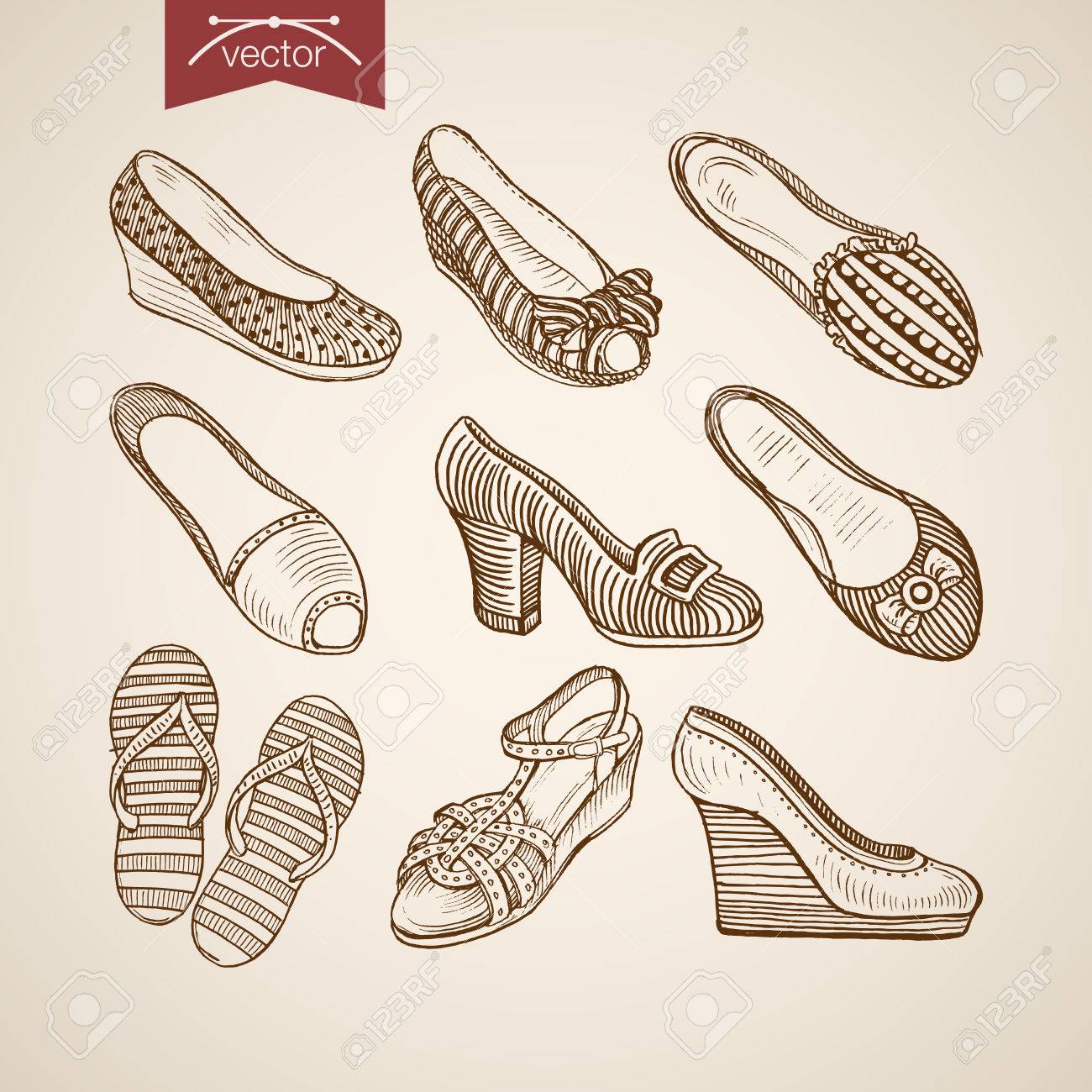 Engraving Vintage Hand Drawn Sandals Thongs And Shoes On Tankette Heels Doodle Collage Engraving Vintage Hand Drawn Sandals Thongs And Shoes On Tankette Heels Doodle Collage