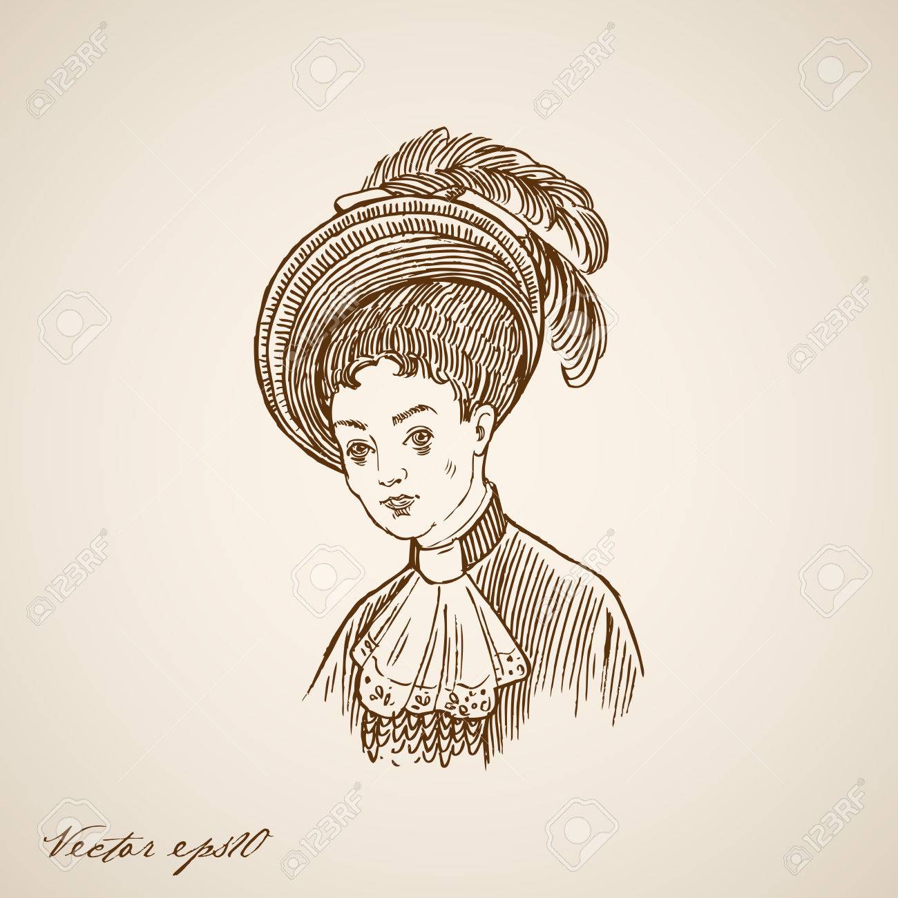 Banque dimages gravure mode vintage rétro dame en chapeau à plumes main doodle dessiné collage pencil sketch portrait de femme illustration
