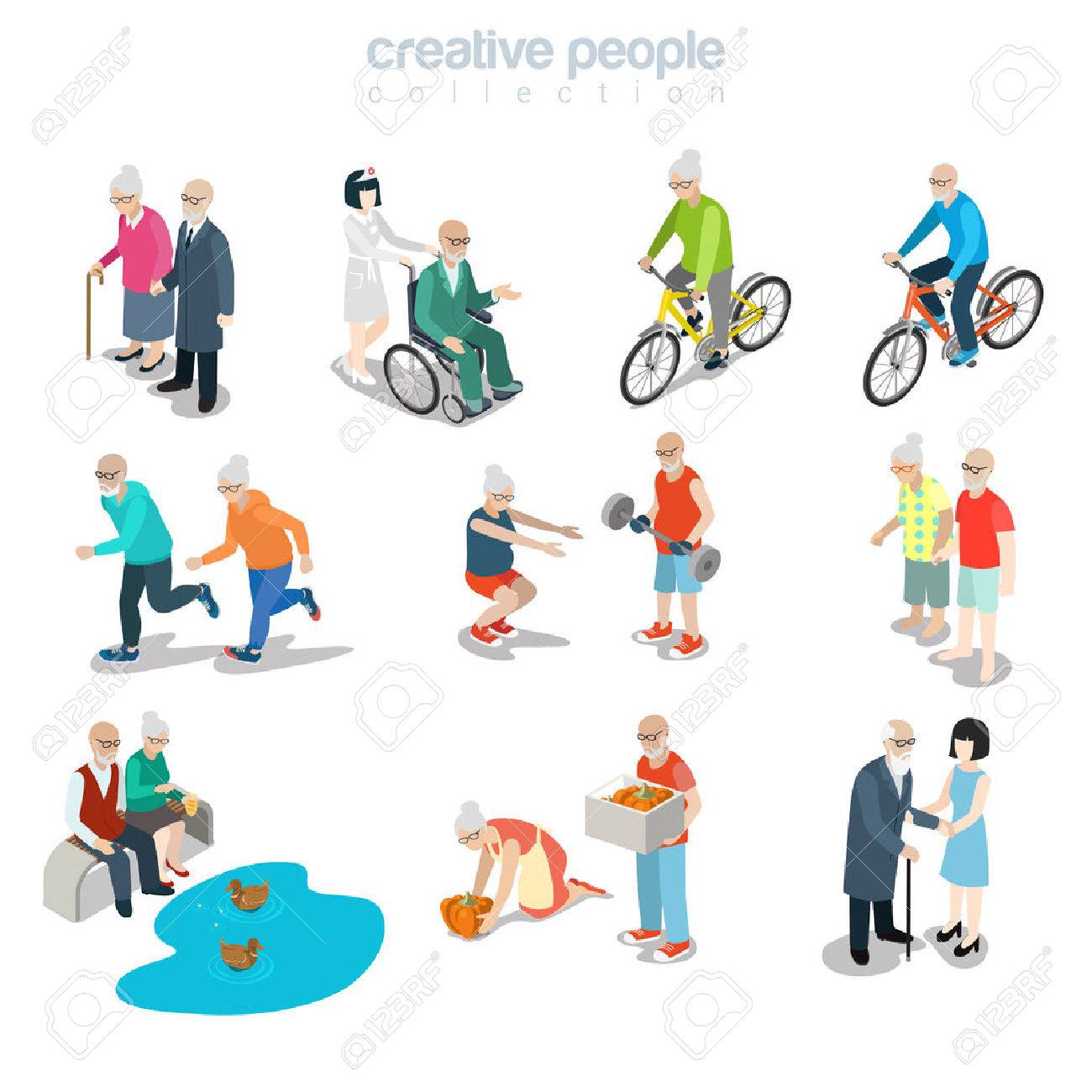 Flat isometric old couple walking, riding bicycle, gardening, running, making exercise vector illustration. 3d isometry happy life concept. - 69427218 Flat isometric old couple walking, riding bicycle, gardening, running, making exercise vector illustration. 3d isometry happy life concept. - 69427218
