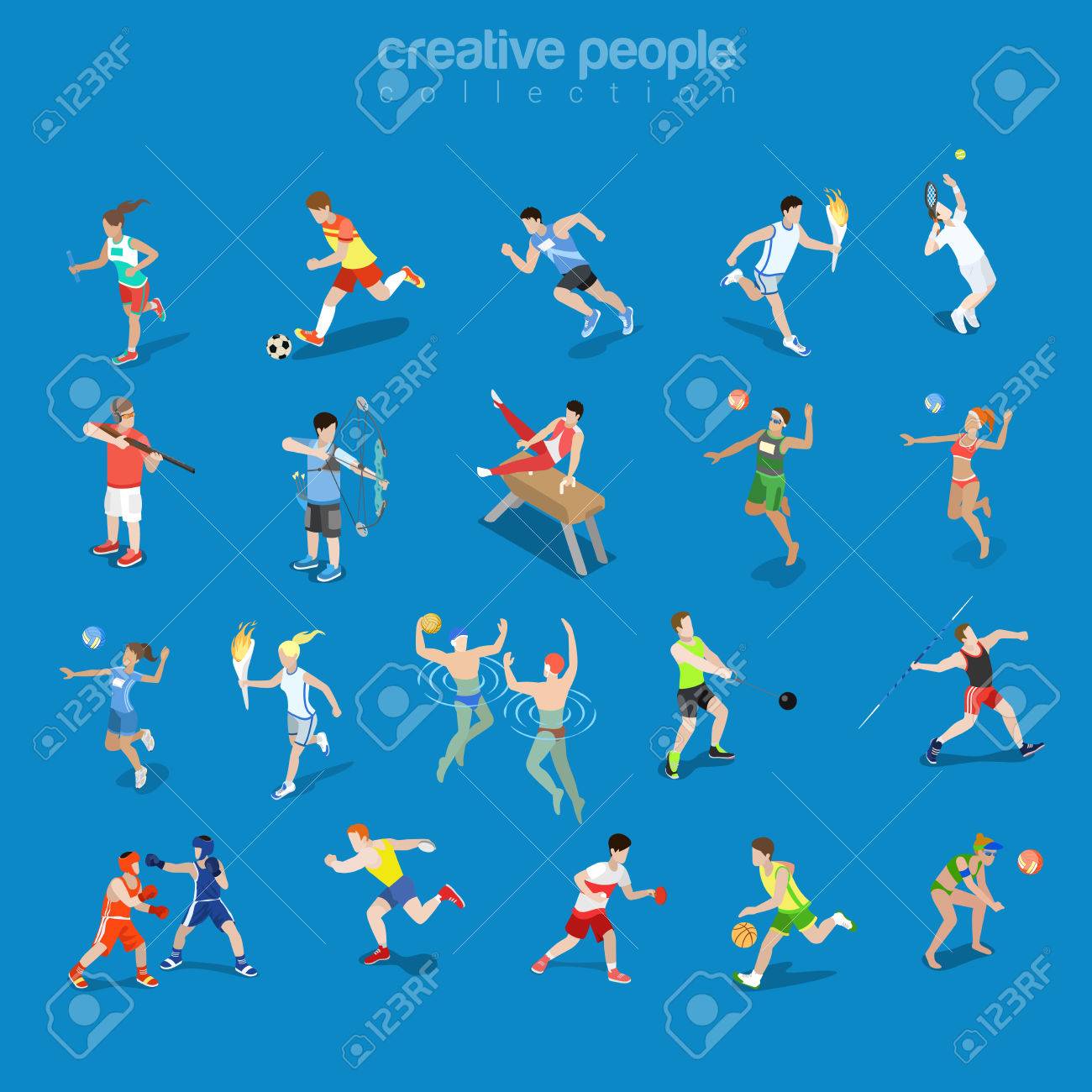 Flat isometric sportsmen in competitive scenes vector illustration set. Team and individual sports 3d isometry concept. Athlete, Swimmer, Tennis, Volleyball and Archery Players. - 72686297 Flat isometric sportsmen in competitive scenes vector illustration set. Team and individual sports 3d isometry concept. Athlete, Swimmer, Tennis, Volleyball and Archery Players. - 72686297
