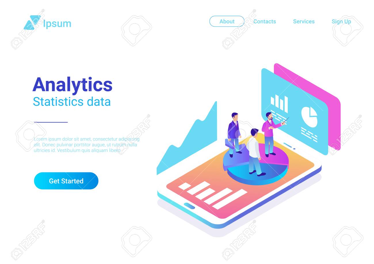 Isometric Flat Analytics Marketing Strategy Vector Illustration. People standing on Smartphone with Statistics Charts - 114968012 Isometric Flat Analytics Marketing Strategy Vector Illustration. People standing on Smartphone with Statistics Charts - 114968012
