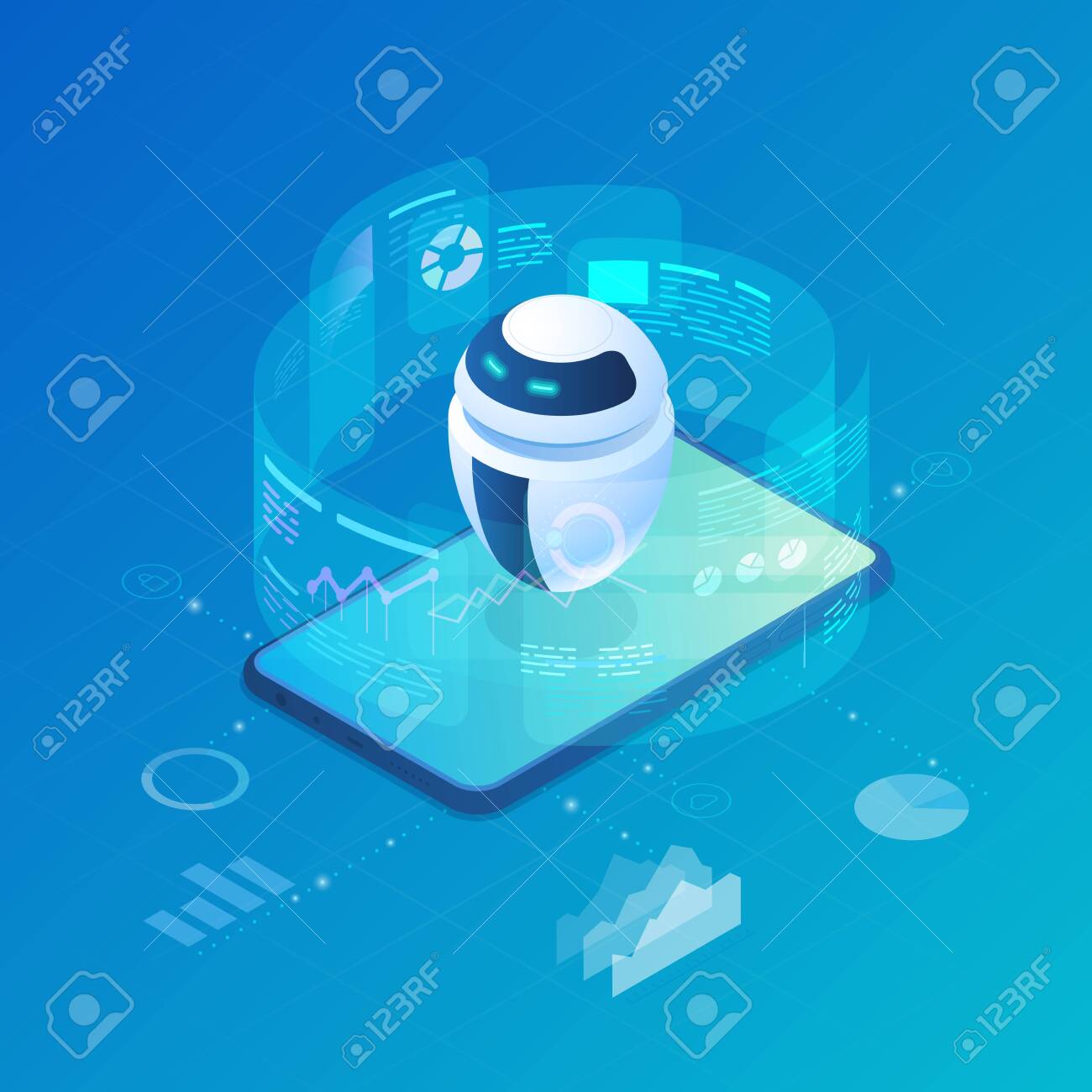 Isometric Robot Bot operating virtual HUD interface vector illustration. Artificial Intelligence, Automation Process Technology and engineering. - 129818429 Isometric Robot Bot operating virtual HUD interface vector illustration. Artificial Intelligence, Automation Process Technology and engineering. - 129818429